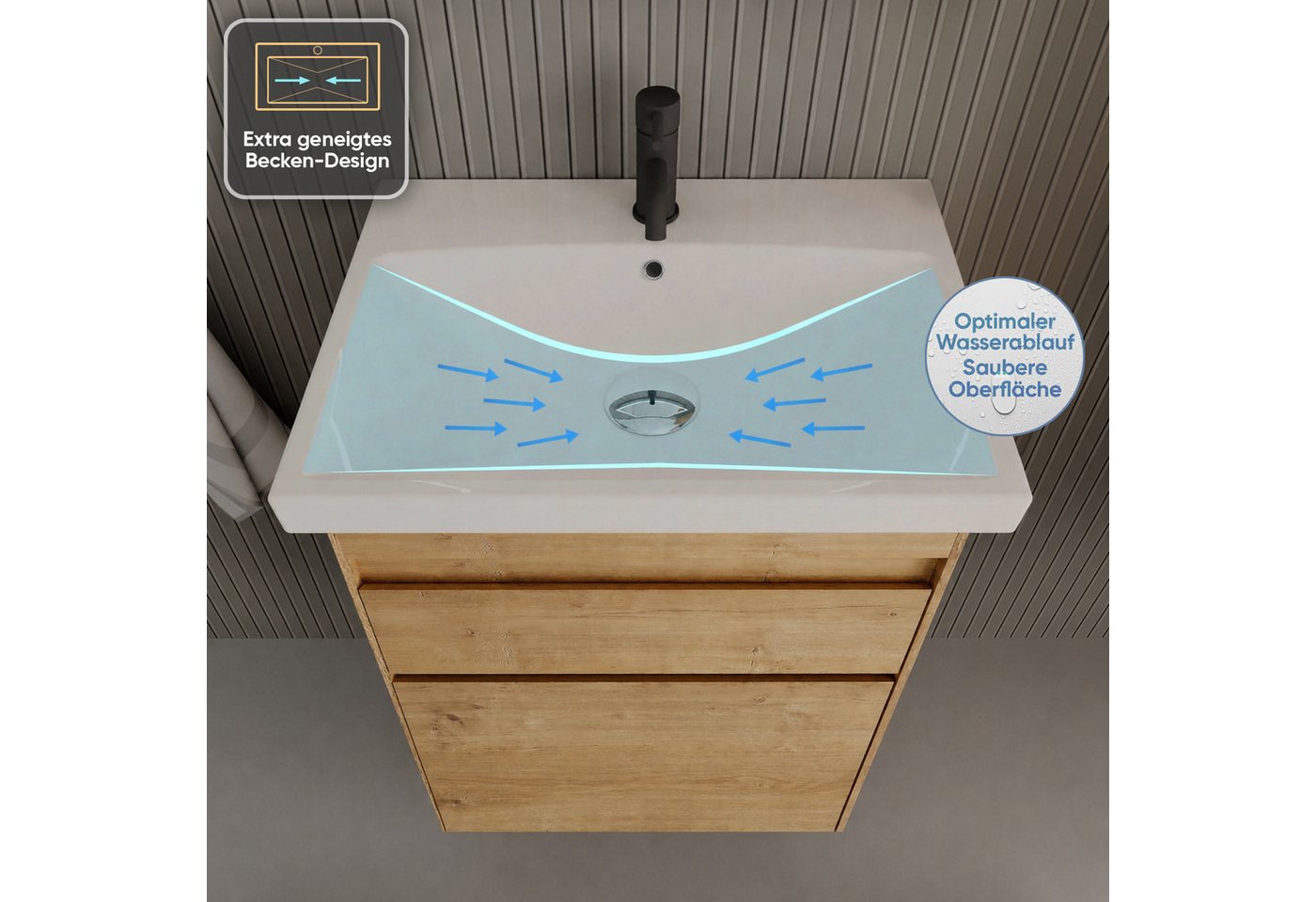 Alpenberger Badmöbel-Set Badezimmermöbel Set mit Waschbecken, Waschbeckenunterschrank hängend, (Badmöbel Set Holz, Waschtisch mit Waschbecken Hängend), Gäste WC Waschbecken mit Unterschrank 60cm Bild 5