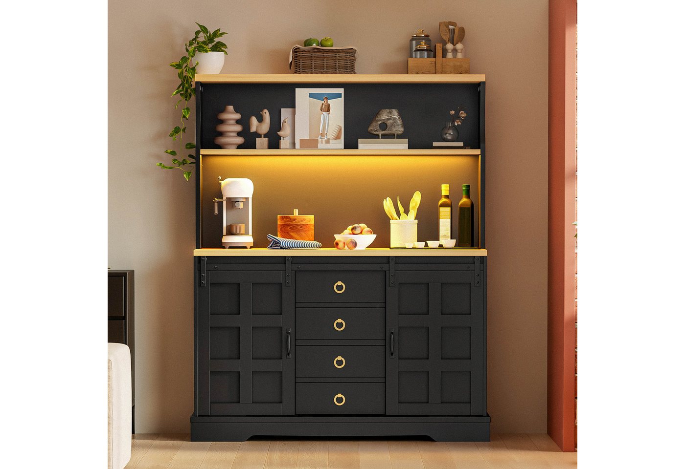 Flieks Küchenbuffet mit LED-Beleuchtung, Steckdose, Schiebetüren in Retro-Design (B120/T40/H150 cm, 1-St) Hochschrank Küchenschrank Buffet mit verstellbarer Ablagen Schwarz