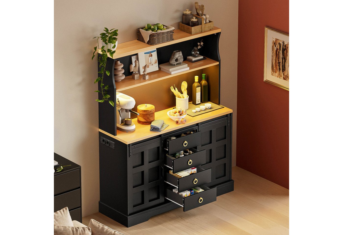 Flieks Küchenbuffet mit LED-Beleuchtung, Steckdose, Schiebetüren in Retro-Design (B120/T40/H150 cm, 1-St) Hochschrank Küchenschrank Buffet mit verstellbarer Ablagen Schwarz Bild 3