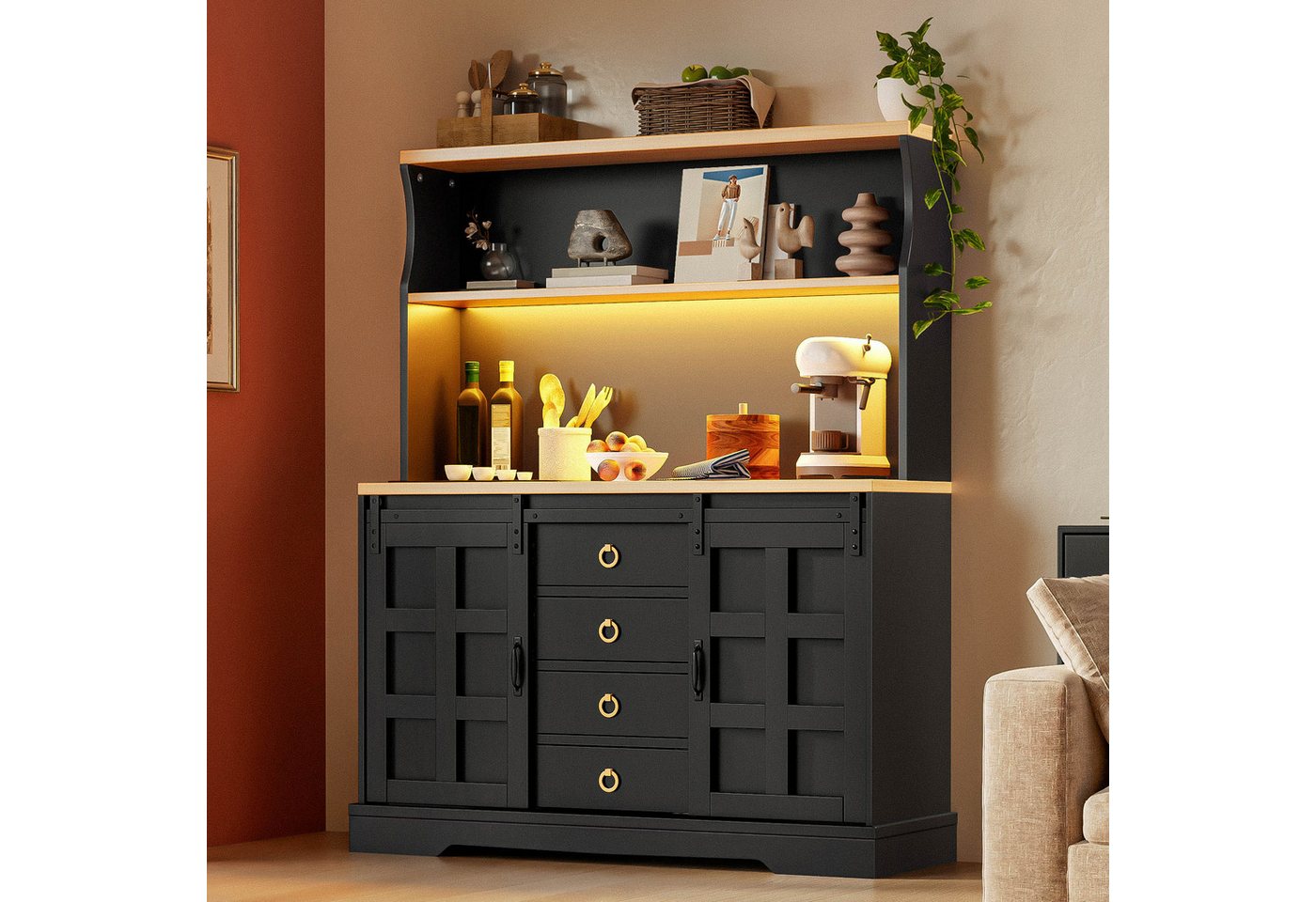 Flieks Küchenbuffet mit LED-Beleuchtung, Steckdose, Schiebetüren in Retro-Design (B120/T40/H150 cm, 1-St) Hochschrank Küchenschrank Buffet mit verstellbarer Ablagen Schwarz Bild 4