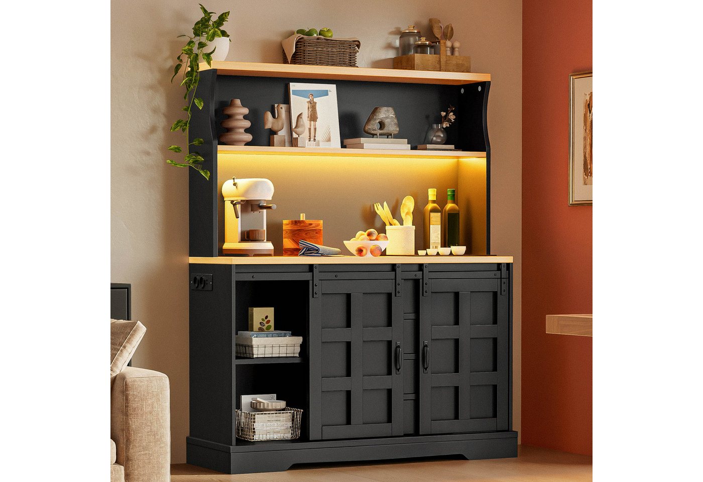 Flieks Küchenbuffet mit LED-Beleuchtung, Steckdose, Schiebetüren in Retro-Design (B120/T40/H150 cm, 1-St) Hochschrank Küchenschrank Buffet mit verstellbarer Ablagen Schwarz Bild 5