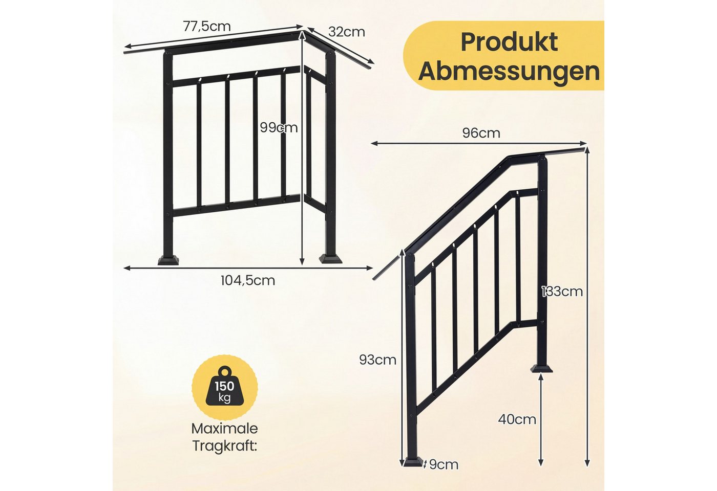 COSTWAY Treppengeländer, 96 cm Länge, 133 cm Höhe, 2-tlg., Handlauf winkelverstellbar mit horizontaler Stange Bild 3