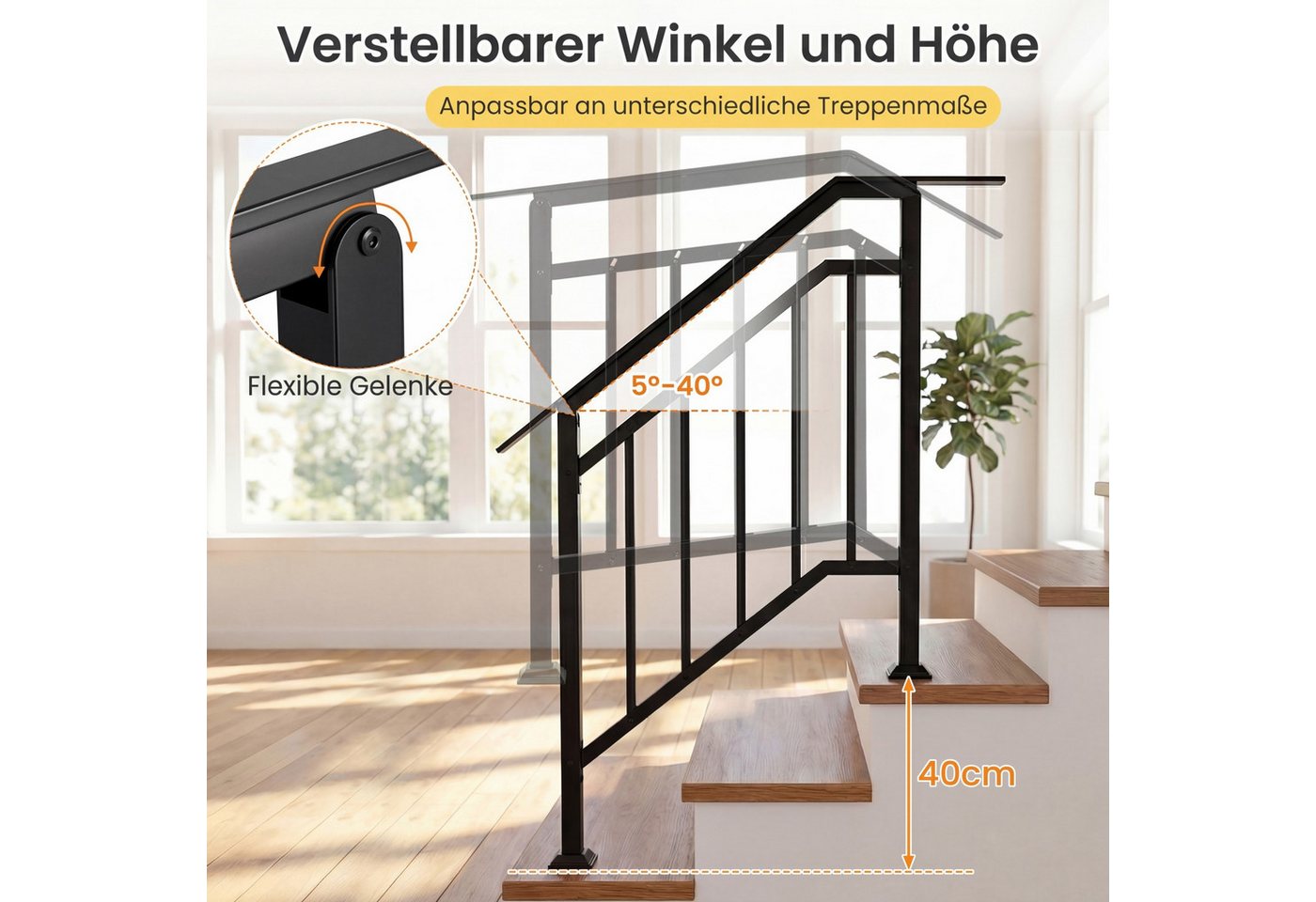 COSTWAY Treppengeländer, 96 cm Länge, 133 cm Höhe, 2-tlg., Handlauf winkelverstellbar mit horizontaler Stange Bild 5