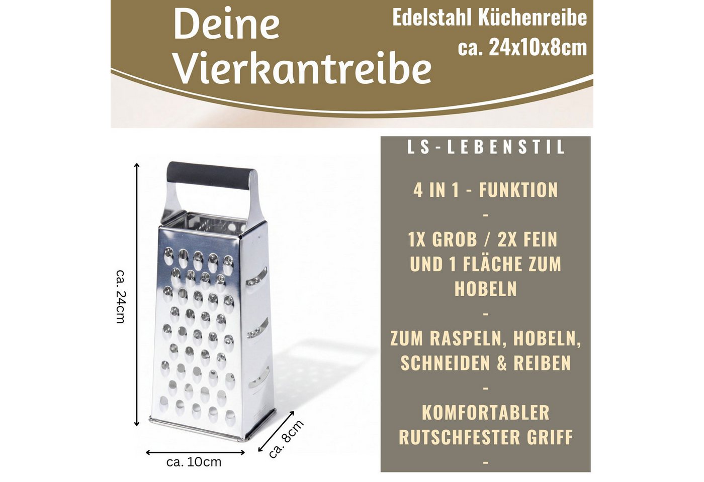 LS-LebenStil Vierkantreibe Edelstahl Gemüsereibe 24cm 4-fach Käsereibe Küchenreibe Gurkenhobel, Edelstahl, (Parmesanreibe Kartoffelreibe Käsereibe Käsehobel, 1-St., Obst Gemüse Kartoffeln Käse Hobel Raspel), zum Reiben, Schneiden, Raspeln und feinen Zerkleinern