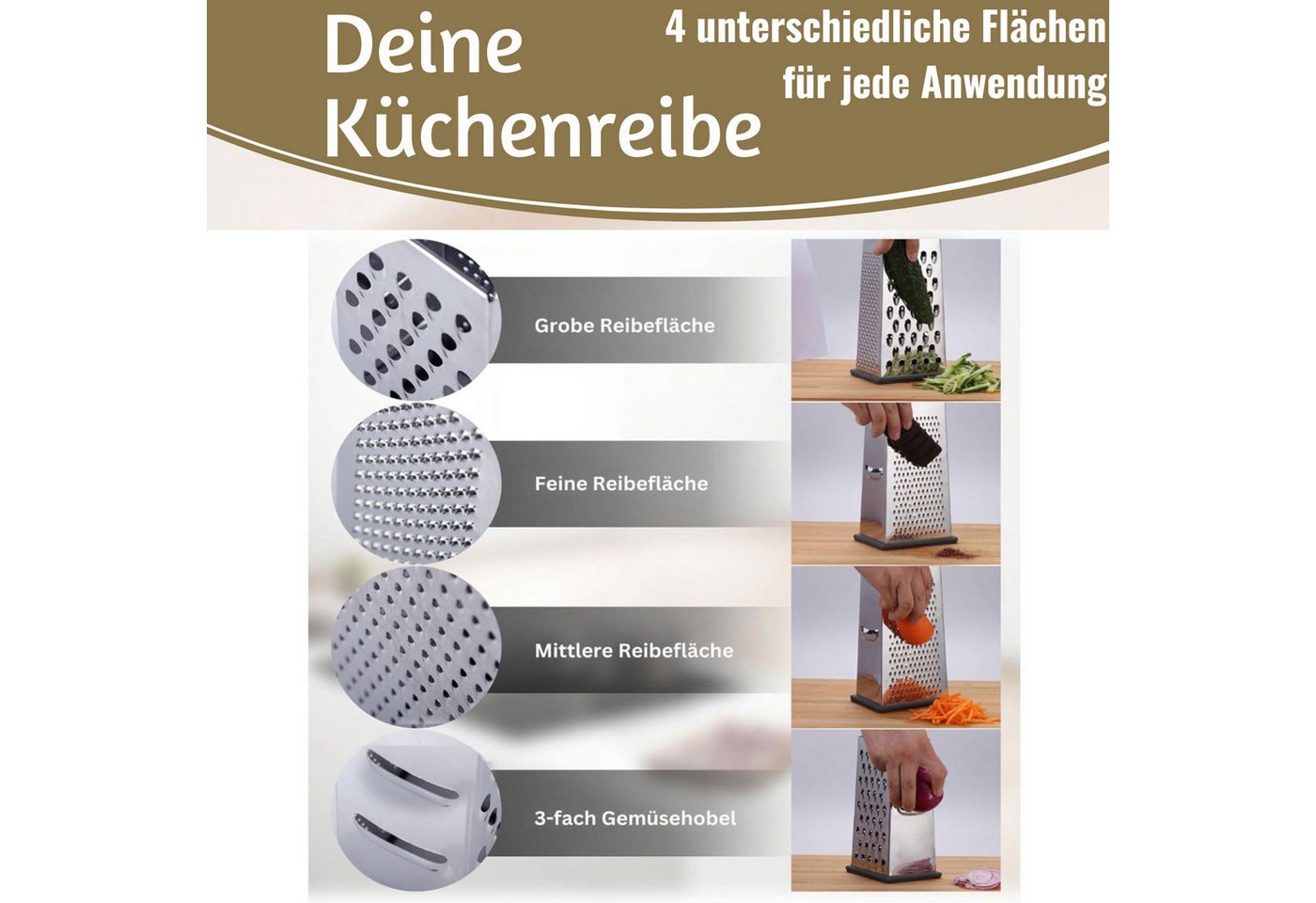 LS-LebenStil Vierkantreibe Edelstahl Gemüsereibe 24cm 4-fach Käsereibe Küchenreibe Gurkenhobel, Edelstahl, (Parmesanreibe Kartoffelreibe Käsereibe Käsehobel, 1-St., Obst Gemüse Kartoffeln Käse Hobel Raspel), zum Reiben, Schneiden, Raspeln und feinen Zerkleinern Bild 3