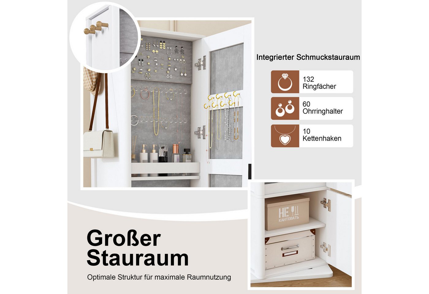 kowdom Spiegelschrank Spiegelschrank 4-in-1 360° drehbar 170 cm Eiche 4-in-1, 360° drehbar, 132 Ringfächer, 60 Ohrringhalter, 10 Kettenhaken Bild 2