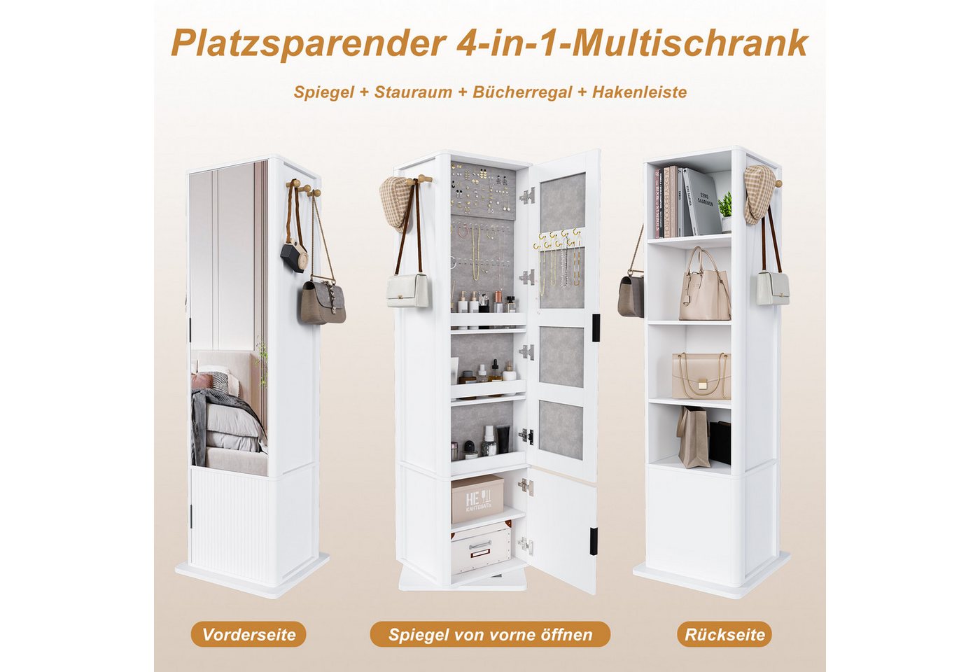 kowdom Spiegelschrank Spiegelschrank 4-in-1 360° drehbar 170 cm Eiche 4-in-1, 360° drehbar, 132 Ringfächer, 60 Ohrringhalter, 10 Kettenhaken Bild 4