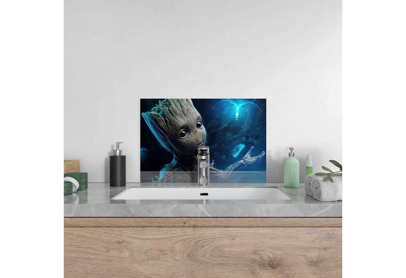 DEQORI Küchenrückwand 'Niedlicher Baby Groot', Glas Spritzschutz Badrückwand Herdblende Bild 3