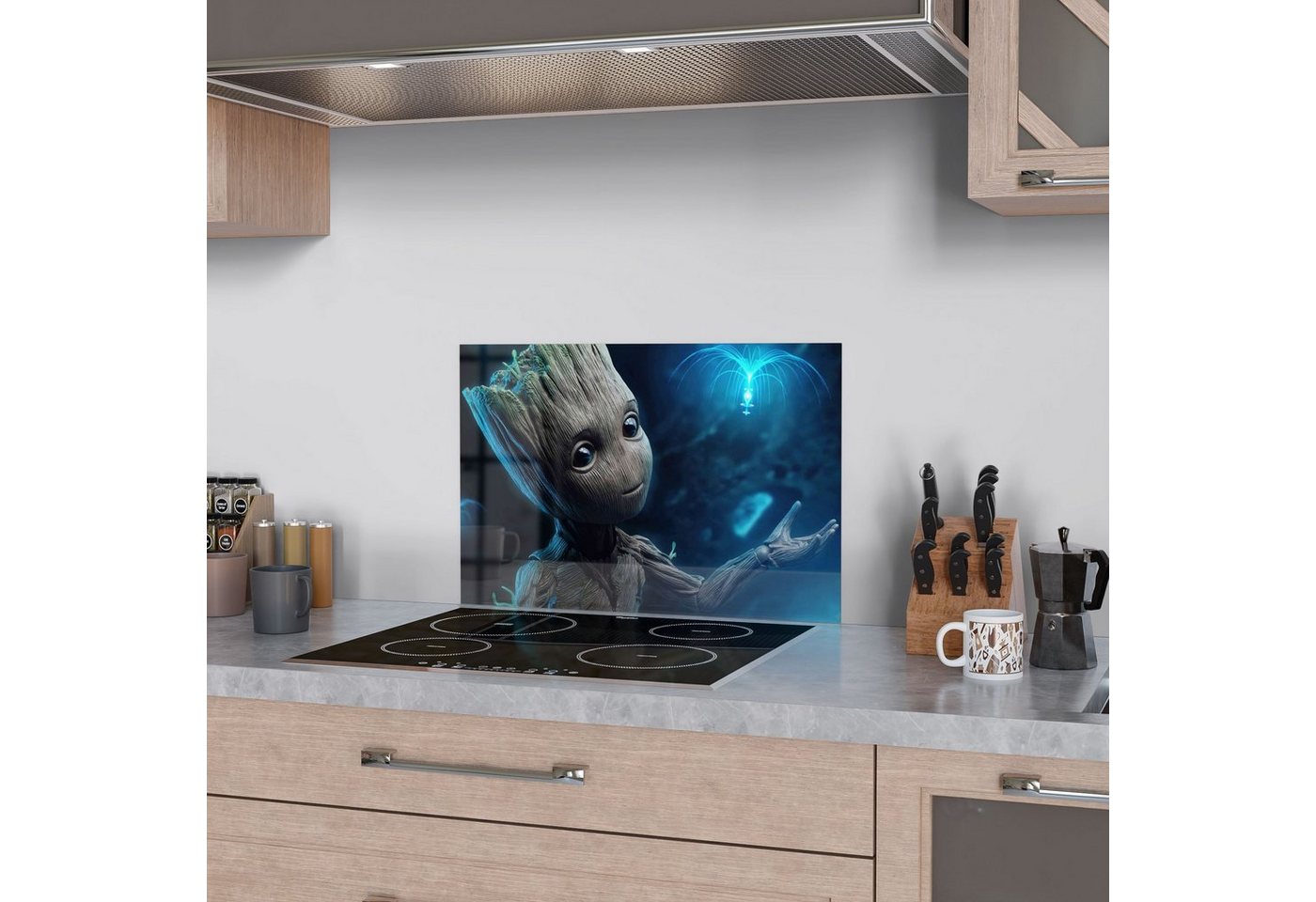 DEQORI Küchenrückwand 'Niedlicher Baby Groot', Glas Spritzschutz Badrückwand Herdblende Bild 4