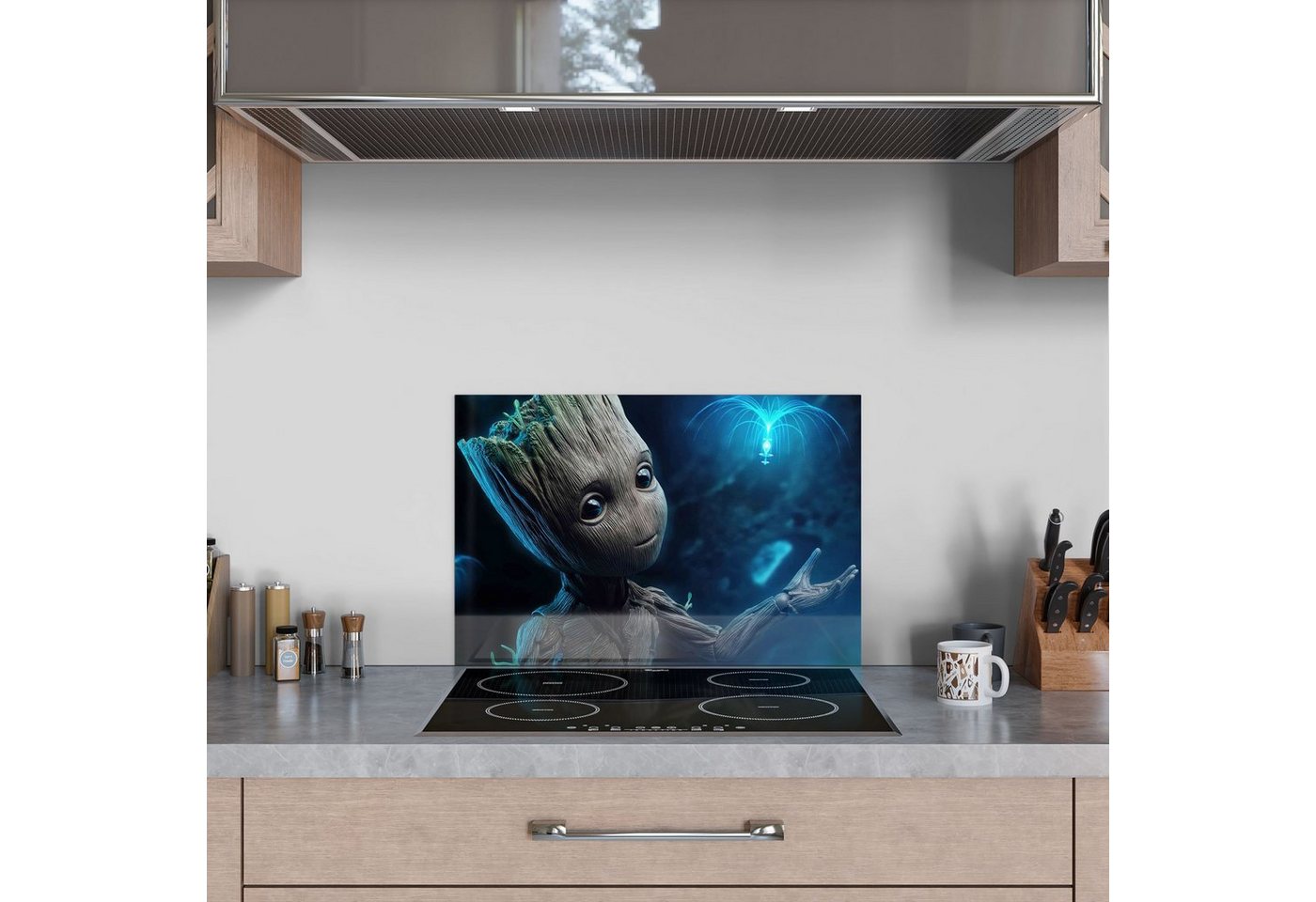 DEQORI Küchenrückwand 'Niedlicher Baby Groot', Glas Spritzschutz Badrückwand Herdblende Bild 5