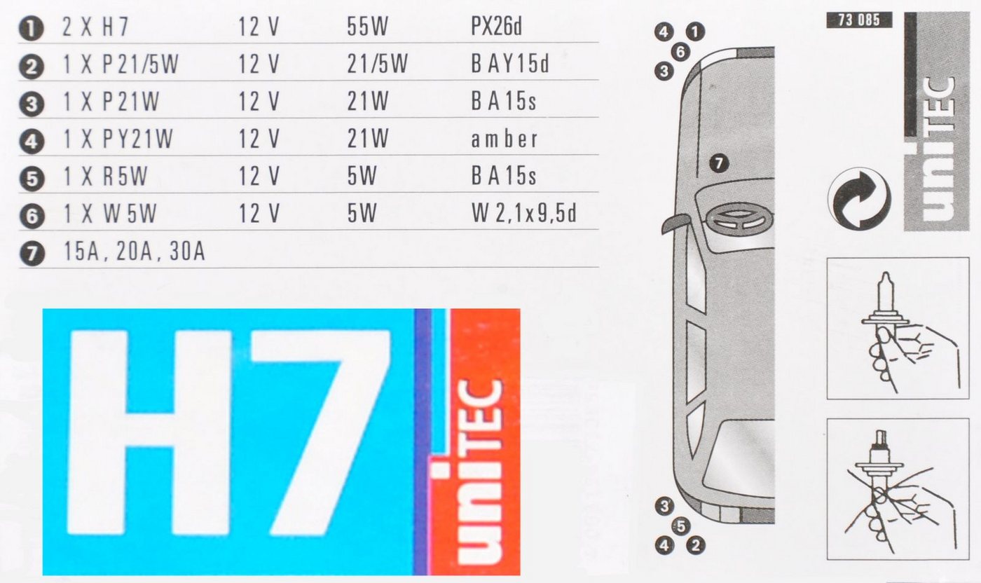 UNITEC KFZ-Ersatzleuchte Auto-Ersatzbirnen H7 Bremslicht Sicherung Rücklicht Scheinwerferlampe Bild 2