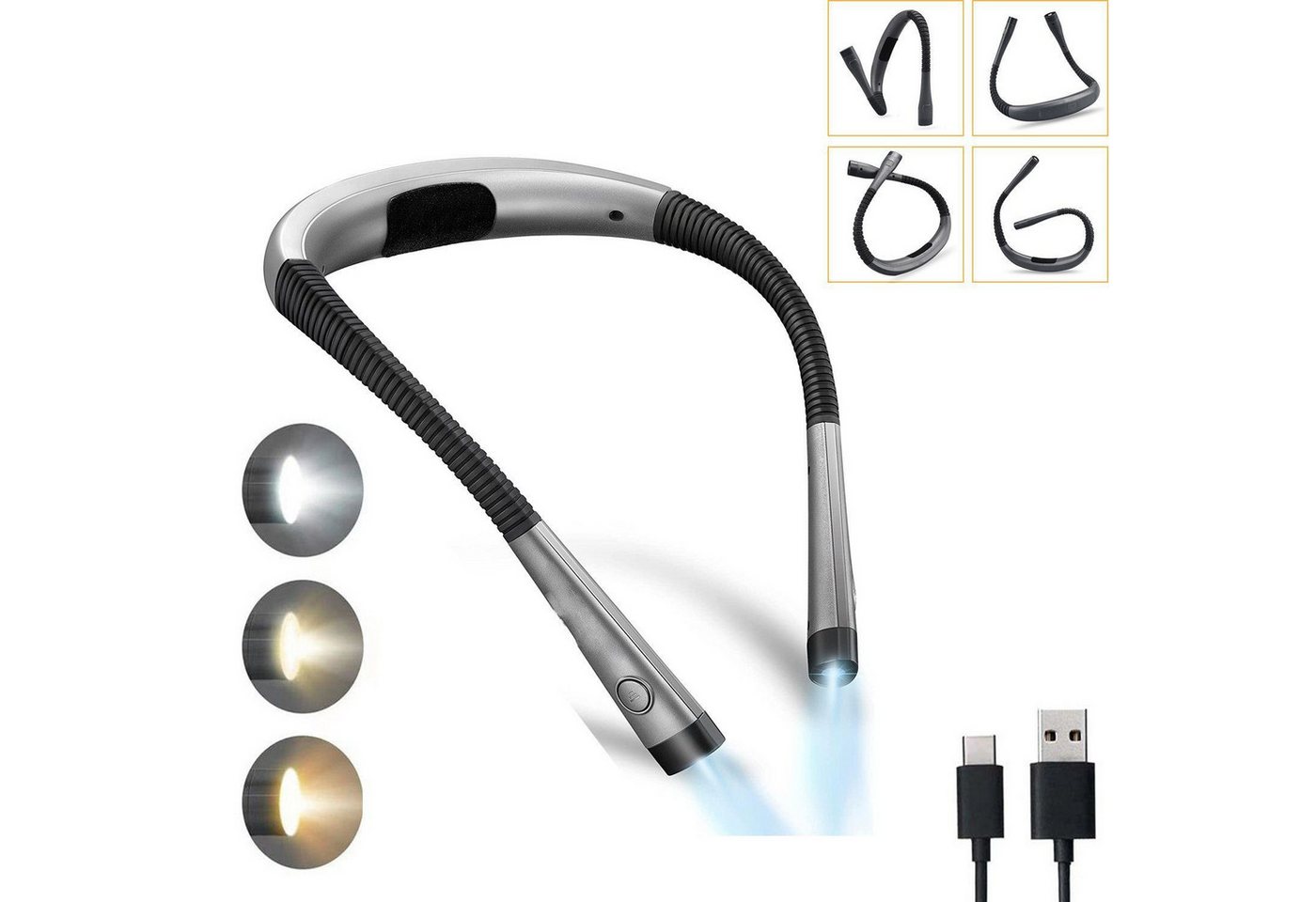 feinlux LED Leselampe Klemmleuchten Hals Leselampe Buch, LED-Dochte, Gelb (3000K), Warmweiß (4000K) und Kaltweiß (6000K), 3 Farben und 3 Helligkeitsstufen,schwarz/grau Bild 2