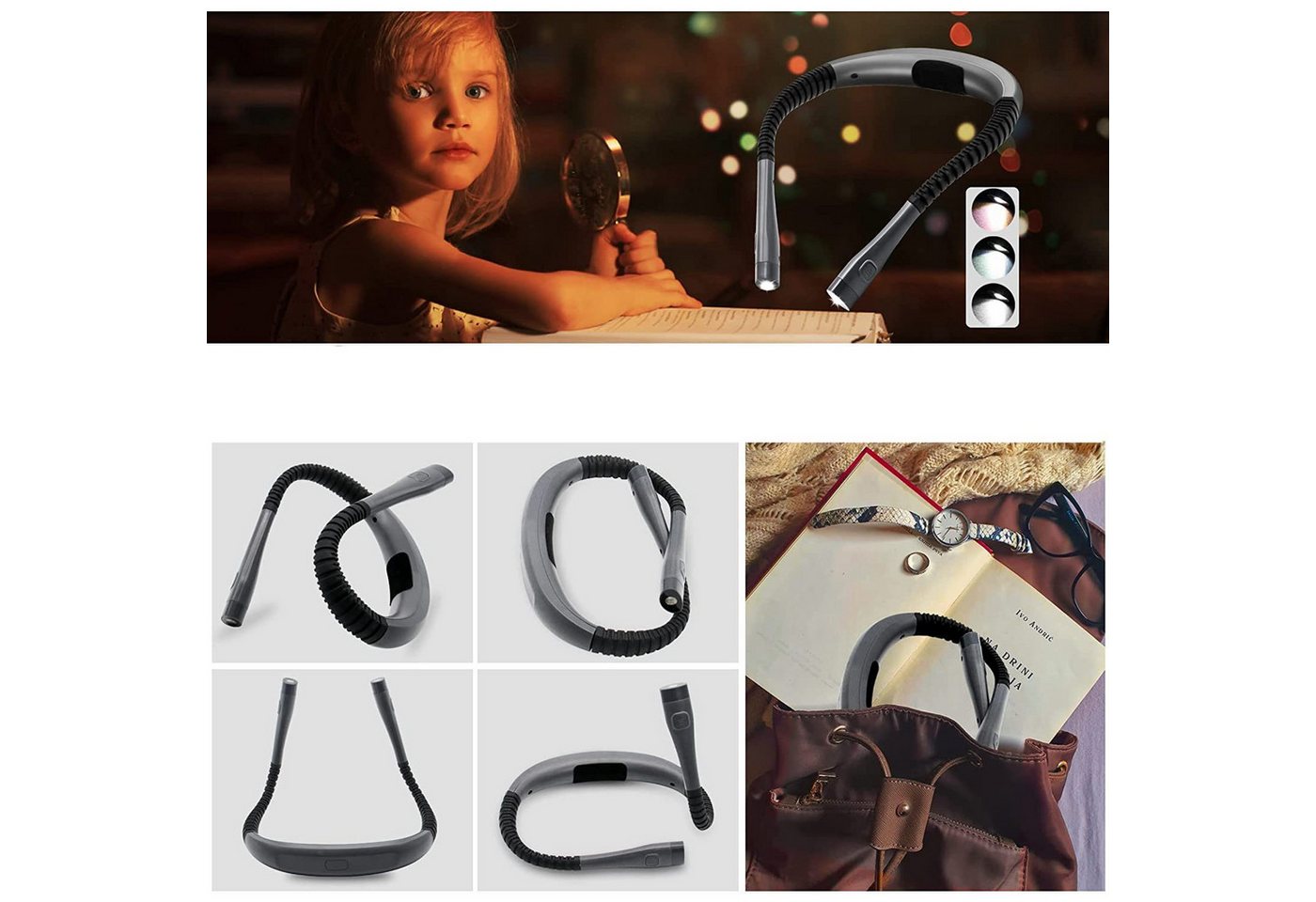 feinlux LED Leselampe Klemmleuchten Hals Leselampe Buch, LED-Dochte, Gelb (3000K), Warmweiß (4000K) und Kaltweiß (6000K), 3 Farben und 3 Helligkeitsstufen,schwarz/grau Bild 4