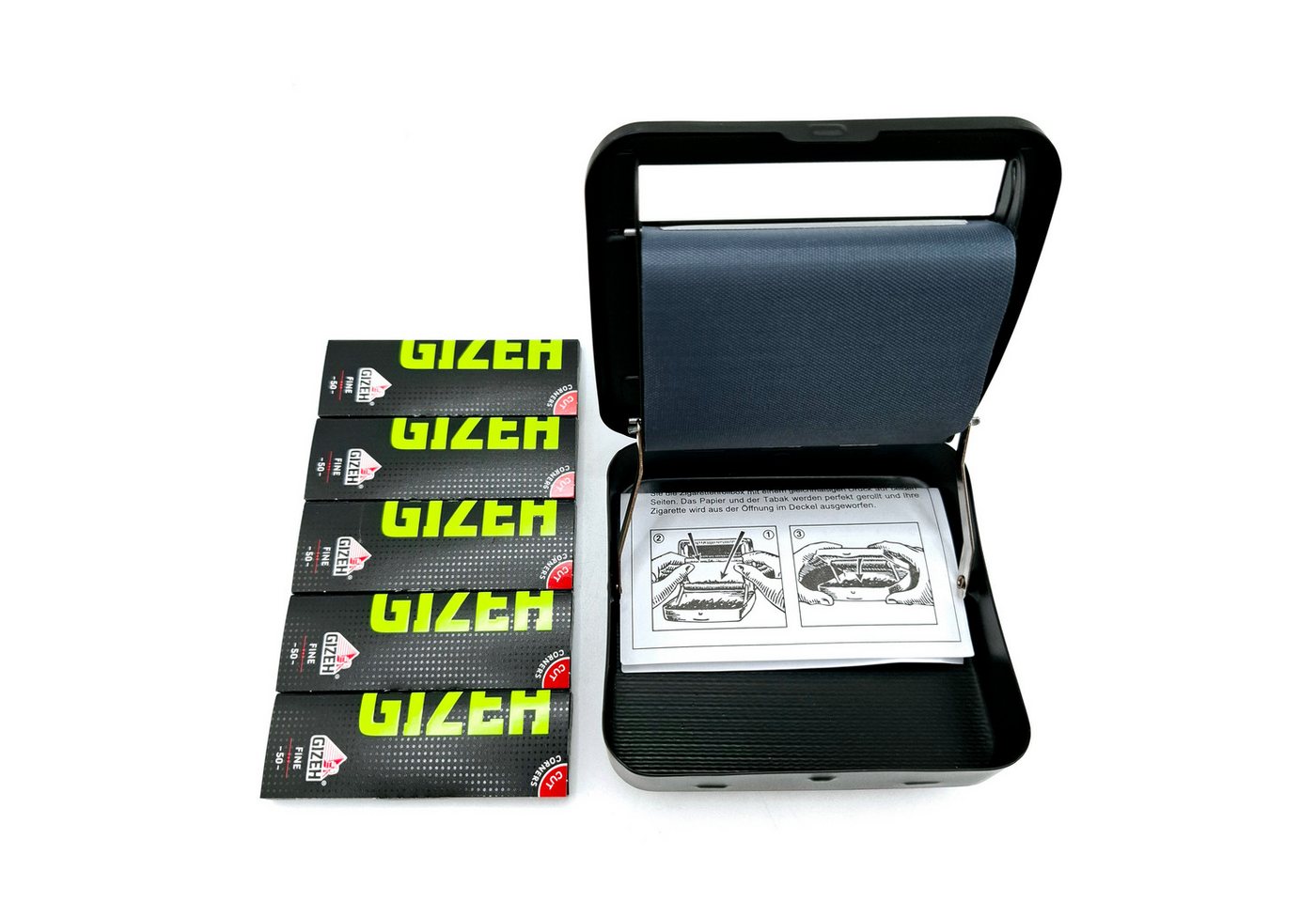 Gizeh Drehmaschine Rollmaschine aus Metall schwarz matt mit Gizeh Blättchen, (6-tlg), Drehbox für Selbstdreher
