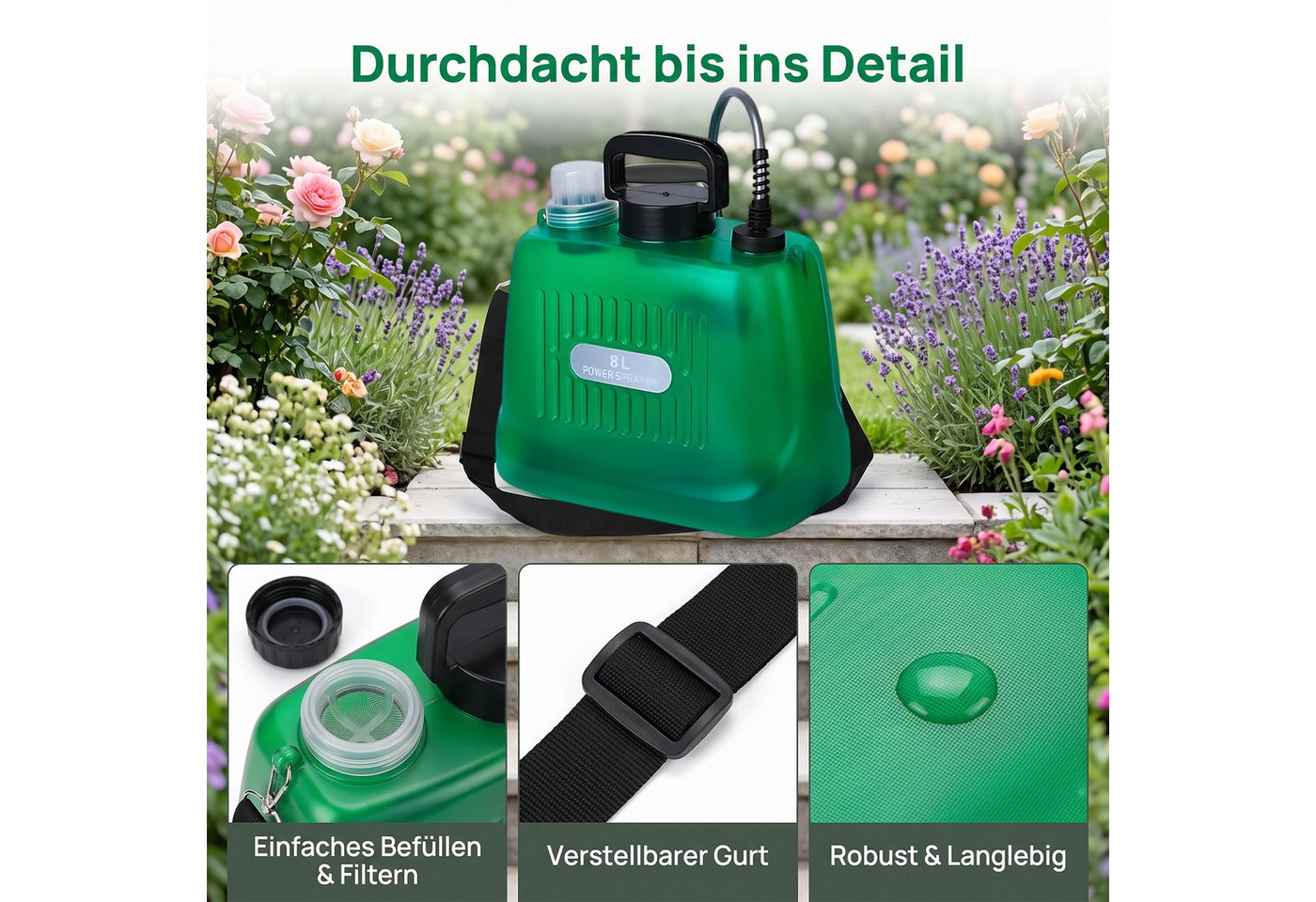 AKKEE Drucksprühgerät Akkubetriebenes Sprühgerät, elektrisches Sprühgerät 8L, mit 4 Nebeldüsen, wiederaufladbarer USB-Griff Bild 3