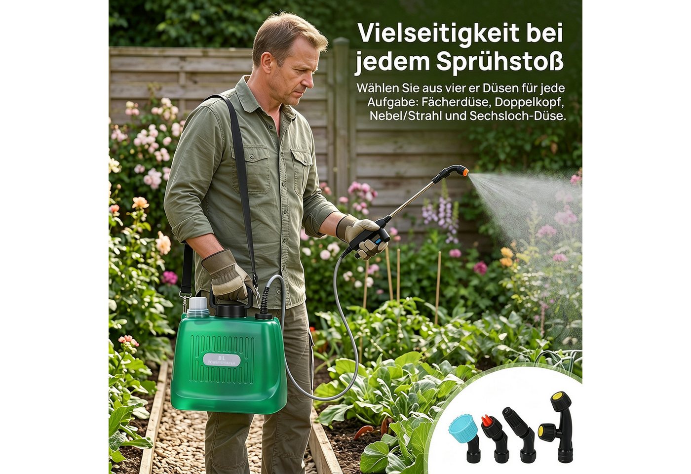 AKKEE Drucksprühgerät Akkubetriebenes Sprühgerät, elektrisches Sprühgerät 8L, mit 4 Nebeldüsen, wiederaufladbarer USB-Griff Bild 4