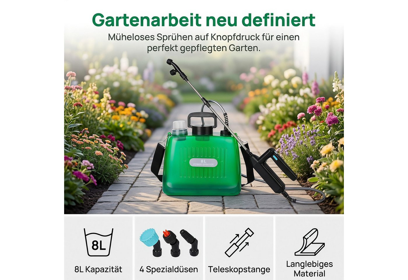 AKKEE Drucksprühgerät Akkubetriebenes Sprühgerät, elektrisches Sprühgerät 8L, mit 4 Nebeldüsen, wiederaufladbarer USB-Griff Bild 5