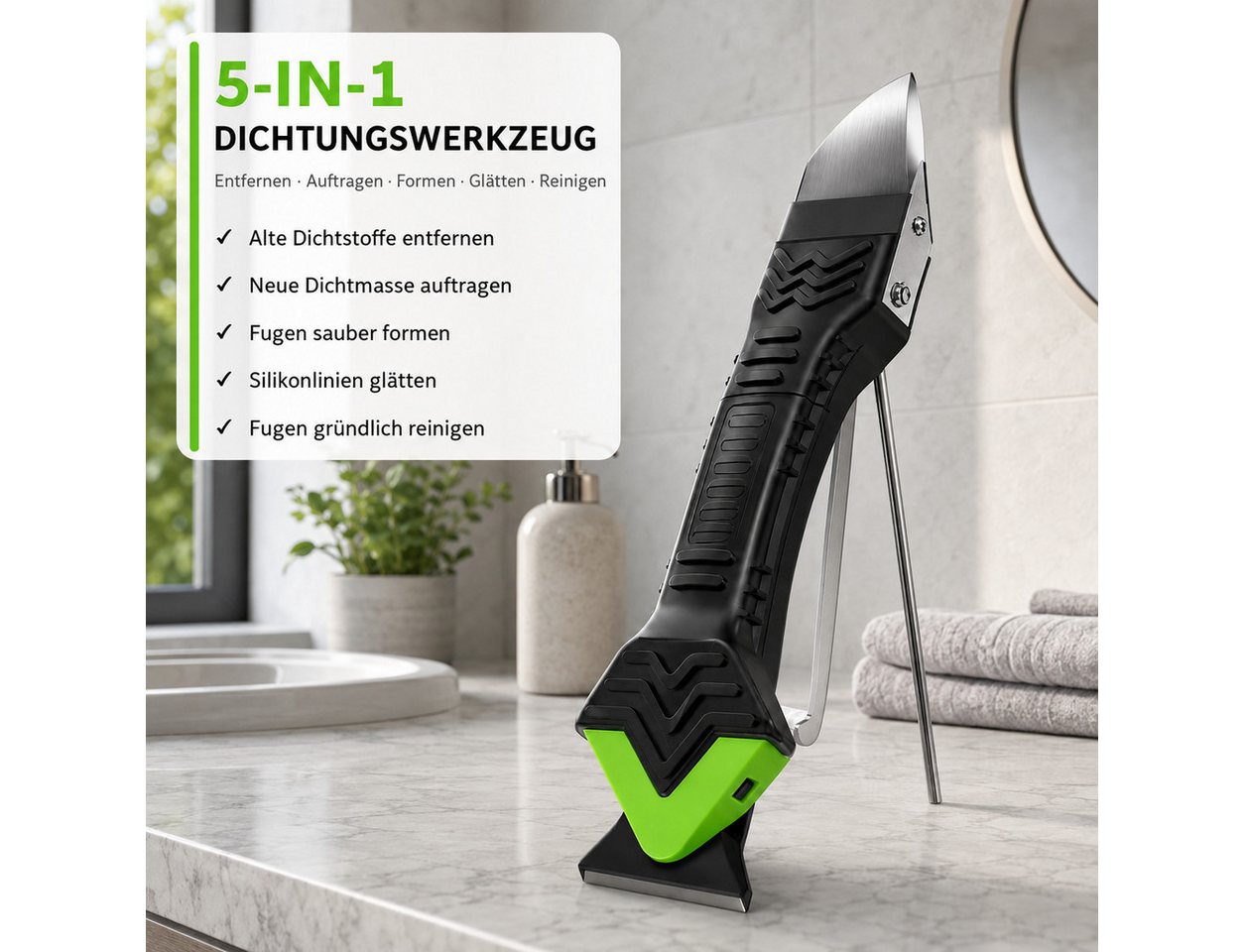 Luckice Multitool 5‑in‑1 Silikonentferner‑Set – Fugenwerkzeug aus Edelstahl, (Set, mit 6 austauschbaren Silikonpads, Schaber und Dichtstoffwerkzeug), Praktisches 5-in-1 Fugenwerkzeug Bild 3