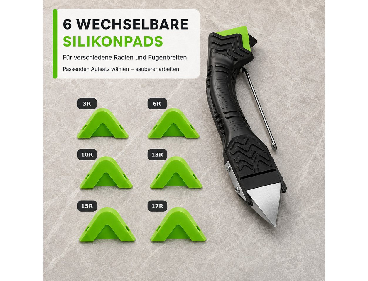 Luckice Multitool 5‑in‑1 Silikonentferner‑Set – Fugenwerkzeug aus Edelstahl, (Set, mit 6 austauschbaren Silikonpads, Schaber und Dichtstoffwerkzeug), Praktisches 5-in-1 Fugenwerkzeug Bild 4