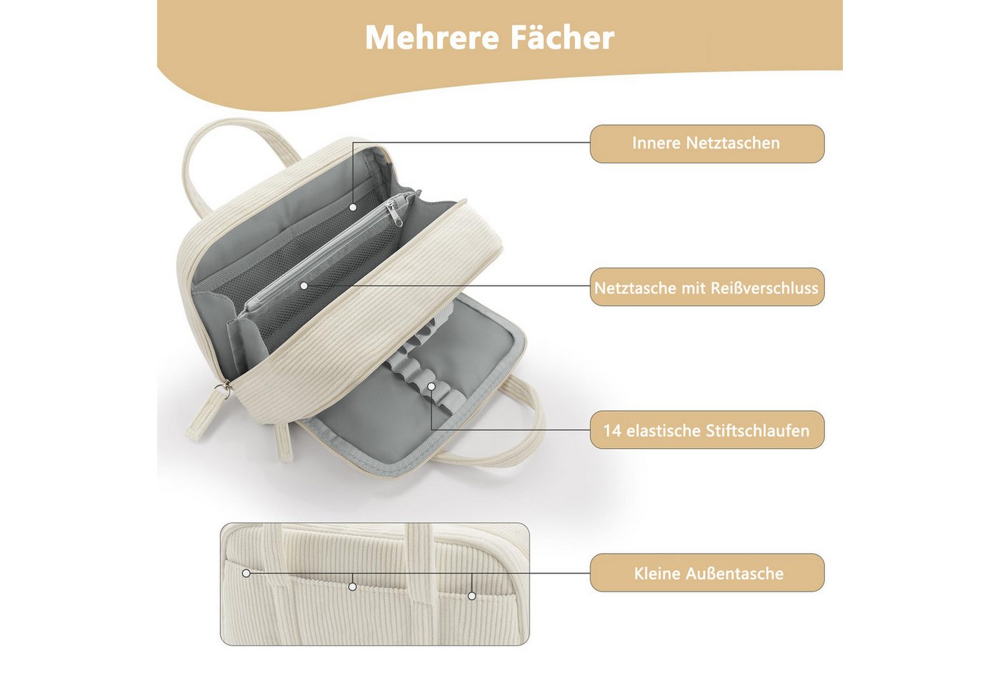 Diwzbyn Federmäppchen Federtaschen, extra große Stiftetasche mit 5 Fächern, Mäppchen, mit weiter Öffnung, weicher Organizer aus Cord mit Reißverschluss Bild 3