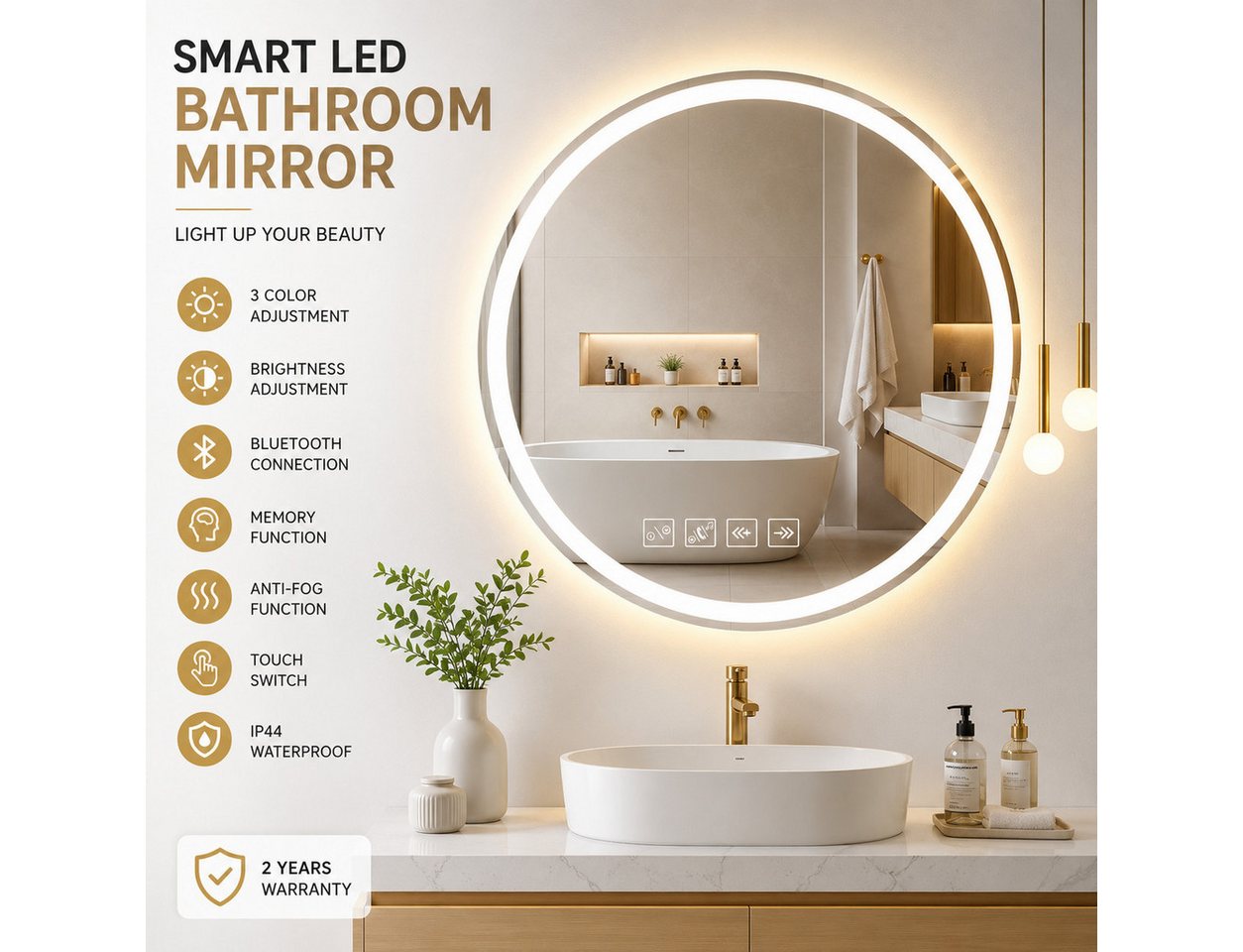 Nagham Ghazal Aswad Badspiegel LED-Spiegel für Badezimmer, LED Spiegel mit Bluetooth-Lautsprecher und Antibeschlagfunktion Bild 2