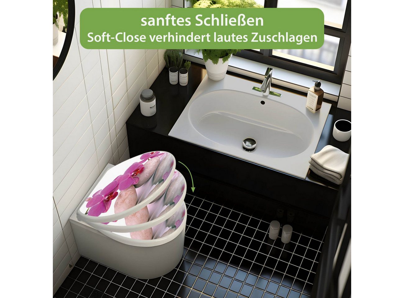 banjado WC-Sitz mit Absenkautomatik Motiv Orchidee (umweltfreundliches Material, integrierte Scharniere), 44,5 x 37 x 5 cm Bild 5