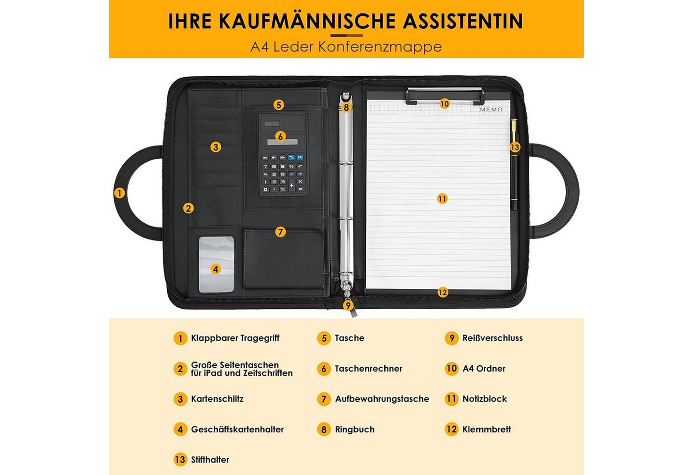 TLGREEN Konferenzmappe A4 Schreibmappe mit Reißverschluss (1-St), Wasserdicht Dokumentenmappe mit Ringbuch