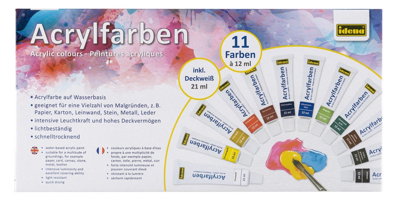 Idena Acrylfarbe Idena 622199 – Acrylfarbenset, 12 teilig, mit deckenden Acrylfarben