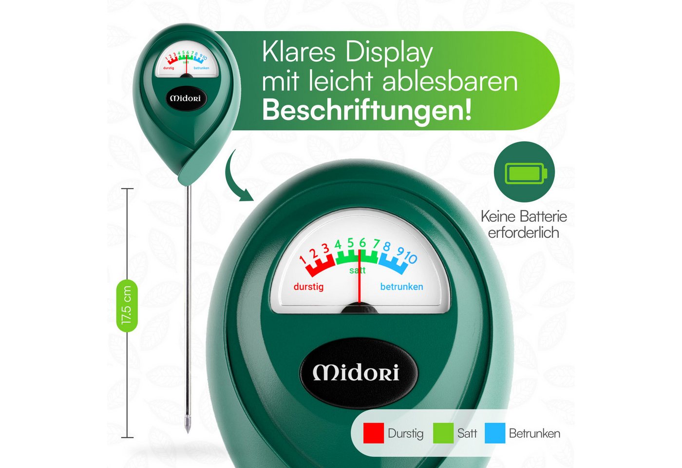Midori Hygrometer, (6-St), 6 x Midori Boden-Feuchtigkeitsmesser Messgerät Hydrometer Grün 17,5cm Bild 4