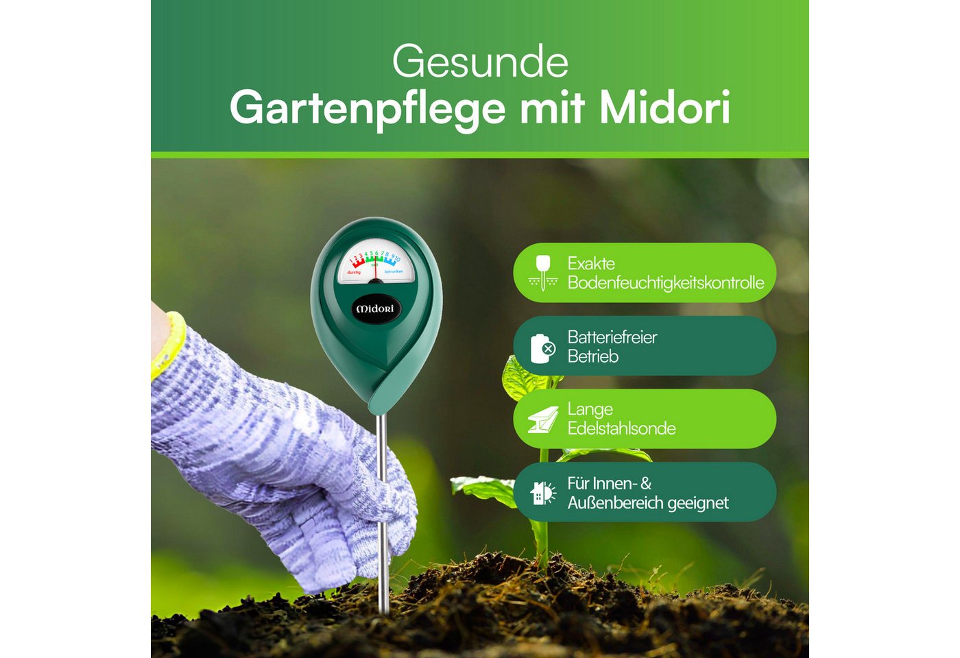 Midori Hygrometer, (6-St), 6 x Midori Boden-Feuchtigkeitsmesser Messgerät Hydrometer Grün 17,5cm Bild 5