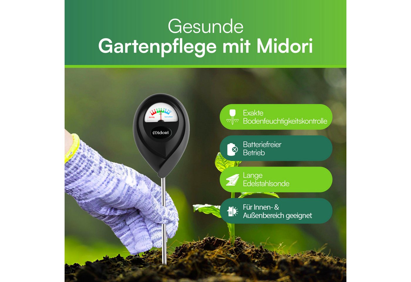 Midori Hygrometer, (2-St), 2 x Midori Boden-Feuchtigkeitsmesser Messgerät Hydrometer Schwarz Bild 4