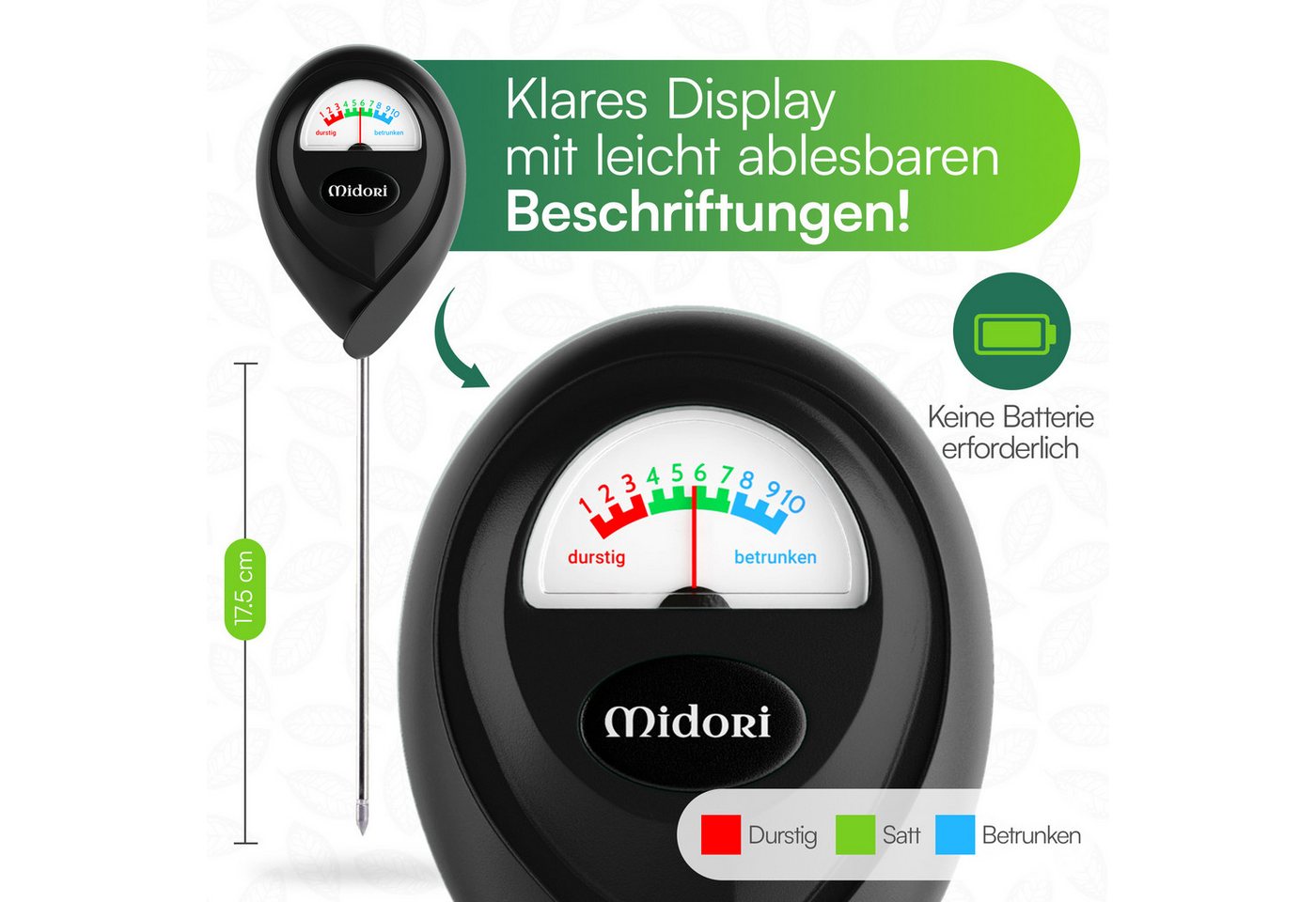 Midori Hygrometer, (2-St), 2 x Midori Boden-Feuchtigkeitsmesser Messgerät Hydrometer Schwarz Bild 5