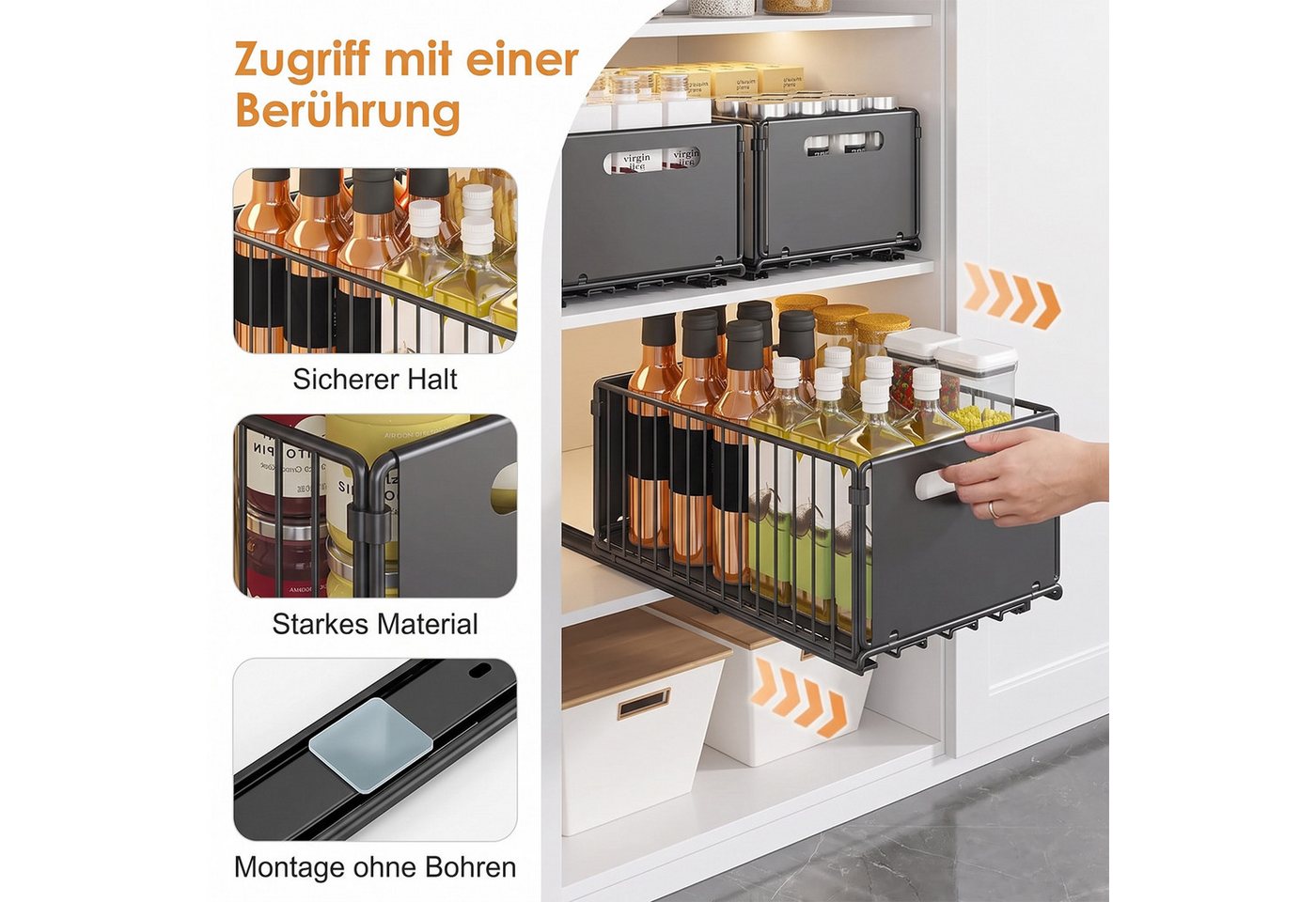 AKKEE Küchenorganizer-Set 2 Stück Teleskopschublade Ausziehbarer Schrank Organizer Kein Bohren, für Küchenschränke,Schubladenregale Herausschieben