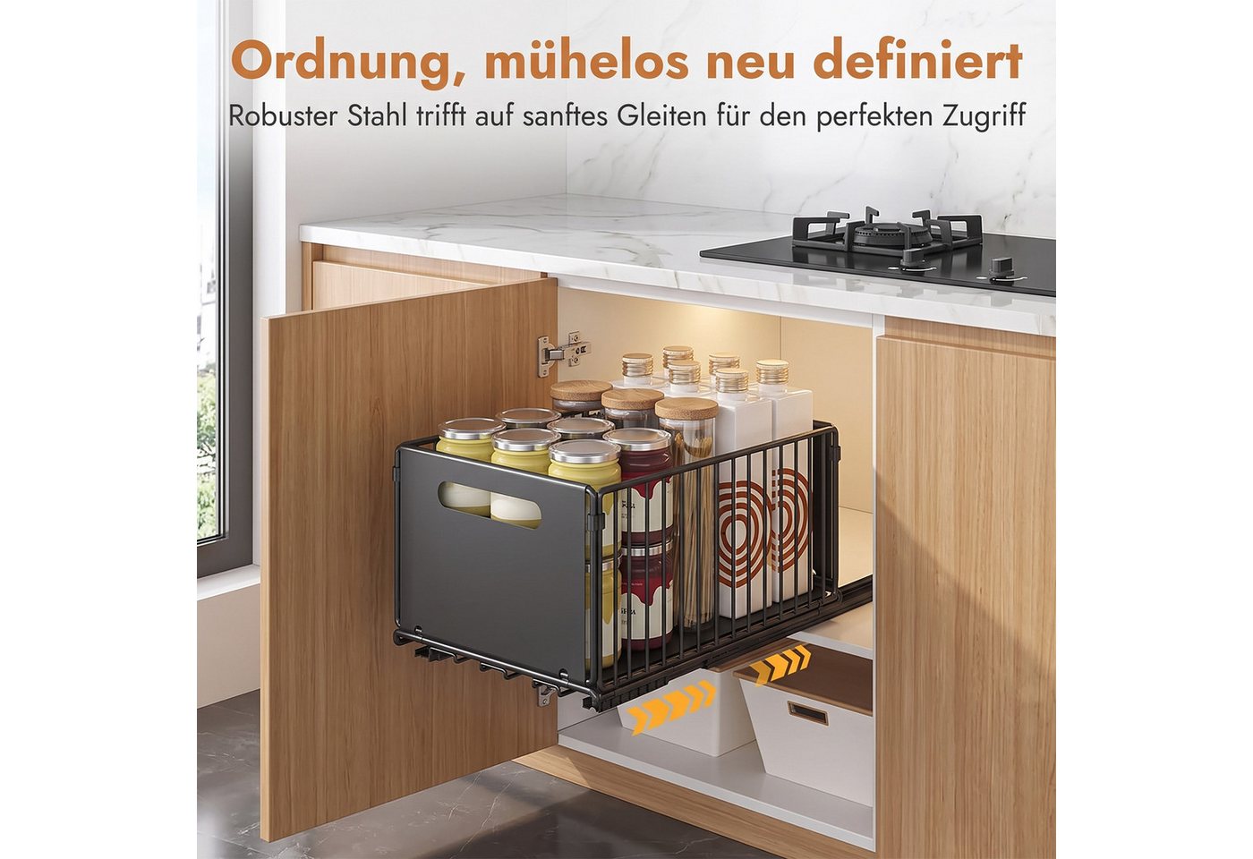 AKKEE Küchenorganizer-Set 2 Stück Teleskopschublade Ausziehbarer Schrank Organizer Kein Bohren, für Küchenschränke,Schubladenregale Herausschieben Bild 2