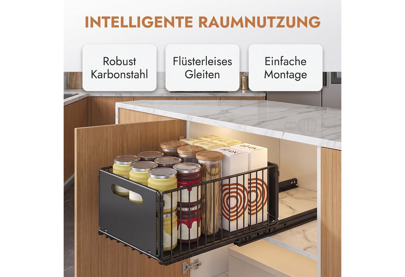 AKKEE Küchenorganizer-Set 2 Stück Teleskopschublade Ausziehbarer Schrank Organizer Kein Bohren, für Küchenschränke,Schubladenregale Herausschieben Bild 4