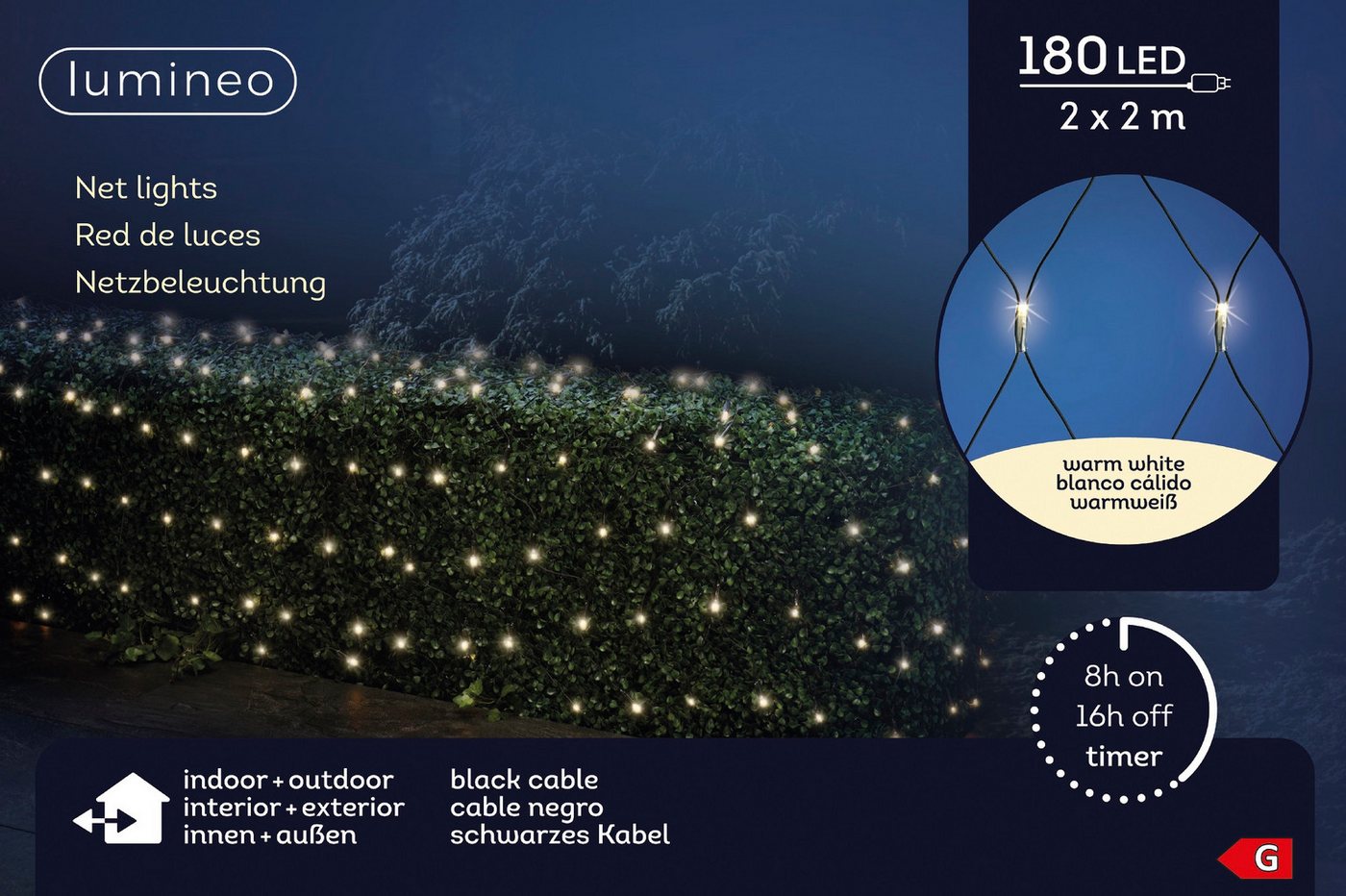 Lumineo LED-Lichterkette Lumineo Netzbeleuchtung 180 LED 2 x 2 m warm weiß, schwarzes Kabel, Indoor/Outdoor, 200 x 200 cm, 8h-Timer, + 5 m Zuleitung Bild 2
