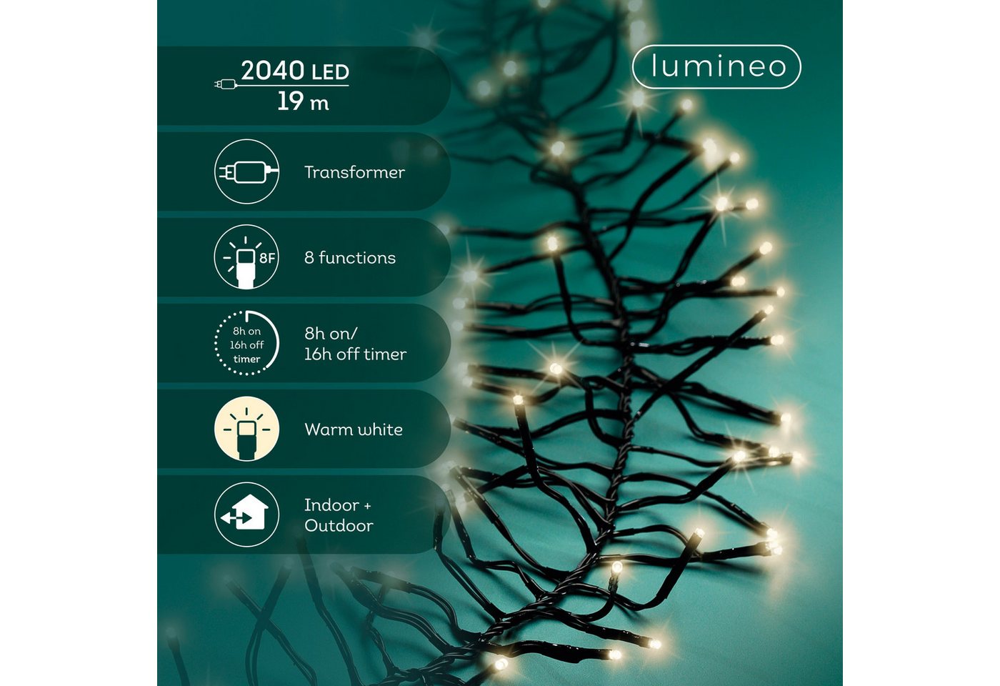 Lumineo LED-Lichterkette Lumineo Lichterkette CLUSTER TWINKLE 2040 LED 19 m warm weiß, schwarz, Indoor/Outdoor, 8 Effekte, 8h-Timer, + 5 Meter Zuleitung Bild 2