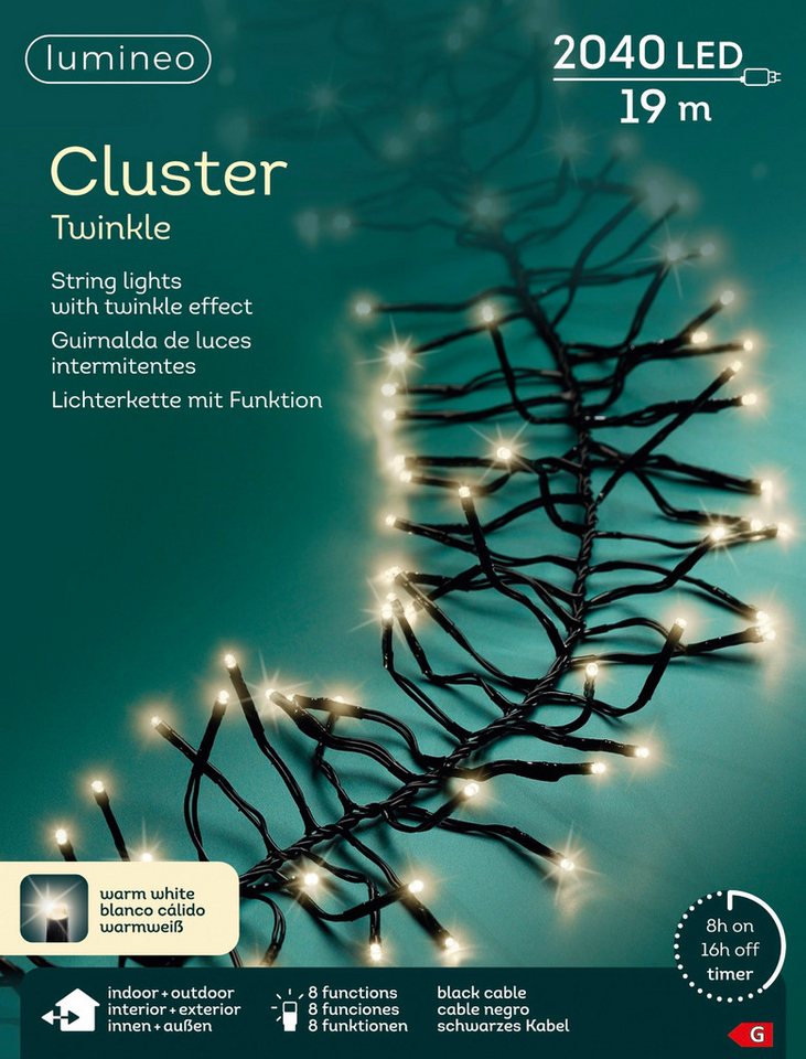 Lumineo LED-Lichterkette Lumineo Lichterkette CLUSTER TWINKLE 2040 LED 19 m warm weiß, schwarz, Indoor/Outdoor, 8 Effekte, 8h-Timer, + 5 Meter Zuleitung Bild 5