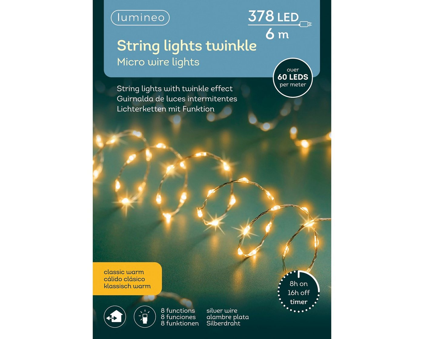 Lumineo LED-Lichterkette Lumineo Lichterkette STRING LIGHTS TWINKLE 378 LED 6 m, klassisch warm, Indoor/Outdoor, 8 Licht-Modi, 8h-Timer, + 5 Meter Bild 4