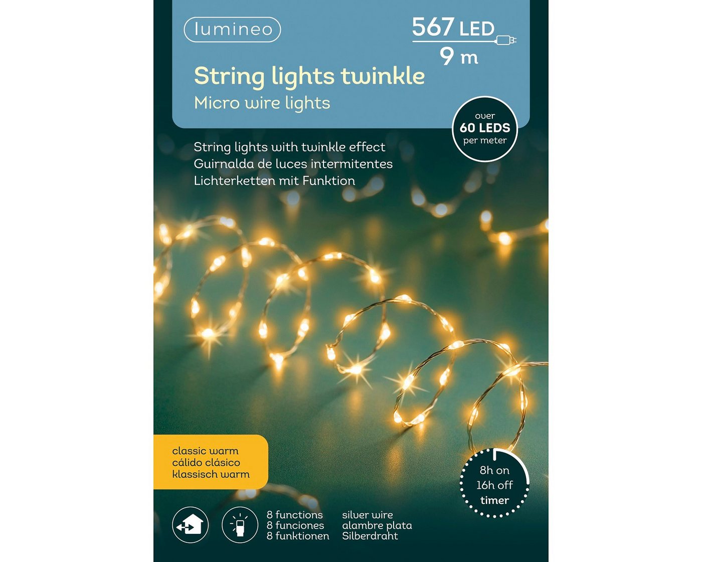 Lumineo LED-Lichterkette Lumineo Lichterkette STRING LIGHTS TWINKLE 567 LED 9 m, klassisch warm, Indoor/Outdoor, 8 Licht-Modi, 8h-Timer, + 5 Meter