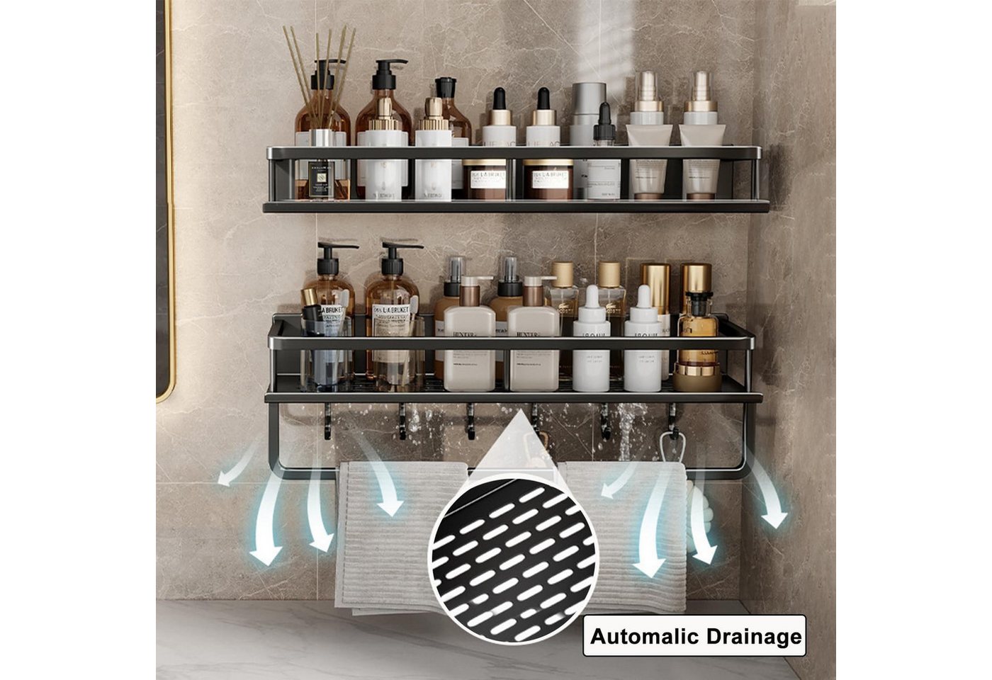 Forrlite Duschregal Duschablage ohne Bohren-2 Stück Duschkorb mit Handtuchhalter,4 Haken, Duschhalterung Badregal Duschgel Badezimmer Regal selbstklebendes, Shampoo Halterung für Badezimmer Organizer Bild 2