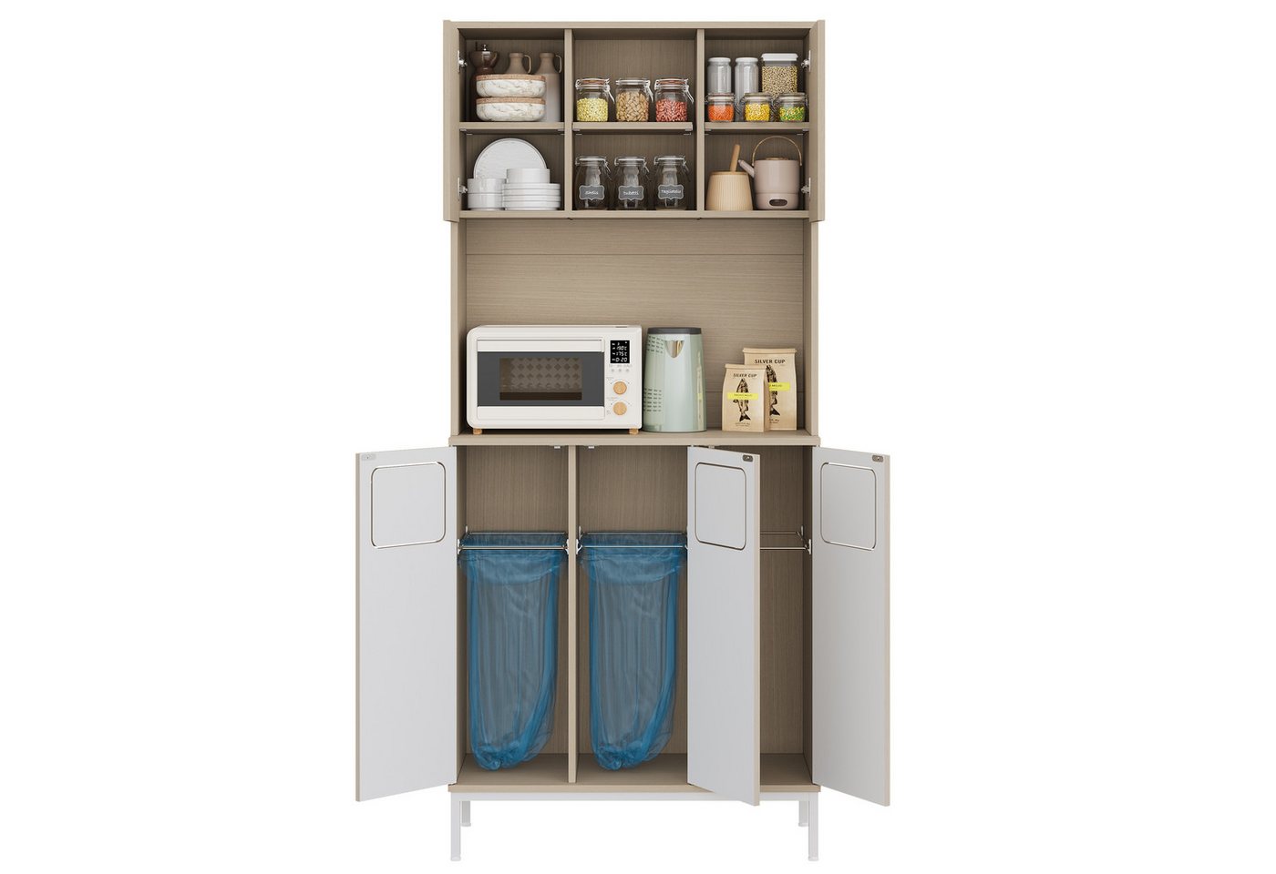 OKWISH Küchenbuffet 3 Fächer für Müllsortierung & Mikrowellenablage (Packung, 1-St., 181cm hoher Mülltrennschrank in Hellholz-Weiß, 80x30x181cm) Stauraum für Staubsauger, geeignet für Küche & Esszimmer Bild 2
