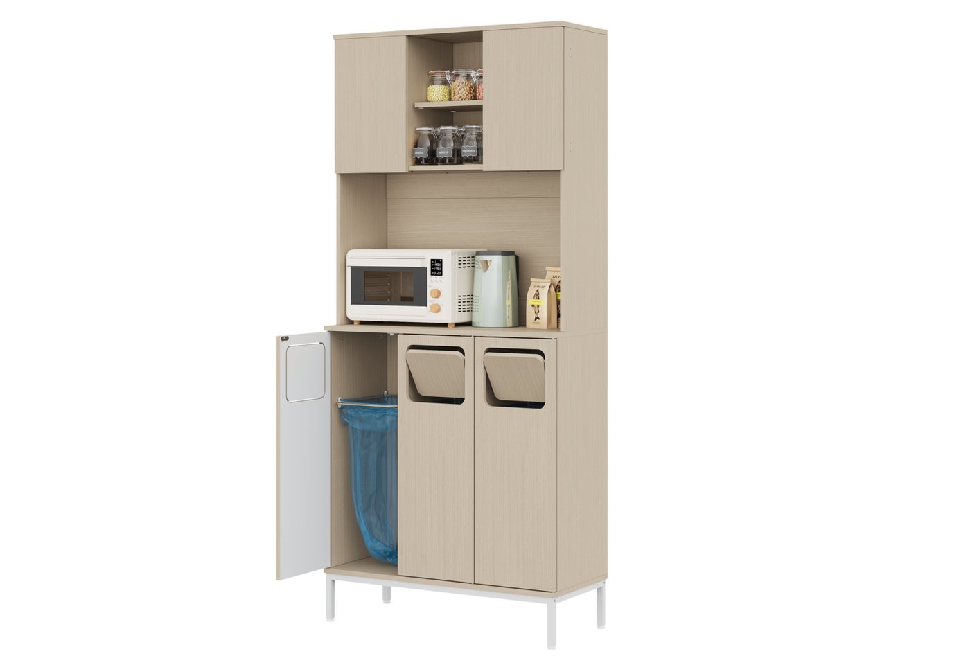 OKWISH Küchenbuffet 3 Fächer für Müllsortierung & Mikrowellenablage (Packung, 1-St., 181cm hoher Mülltrennschrank in Hellholz-Weiß, 80x30x181cm) Stauraum für Staubsauger, geeignet für Küche & Esszimmer Bild 4