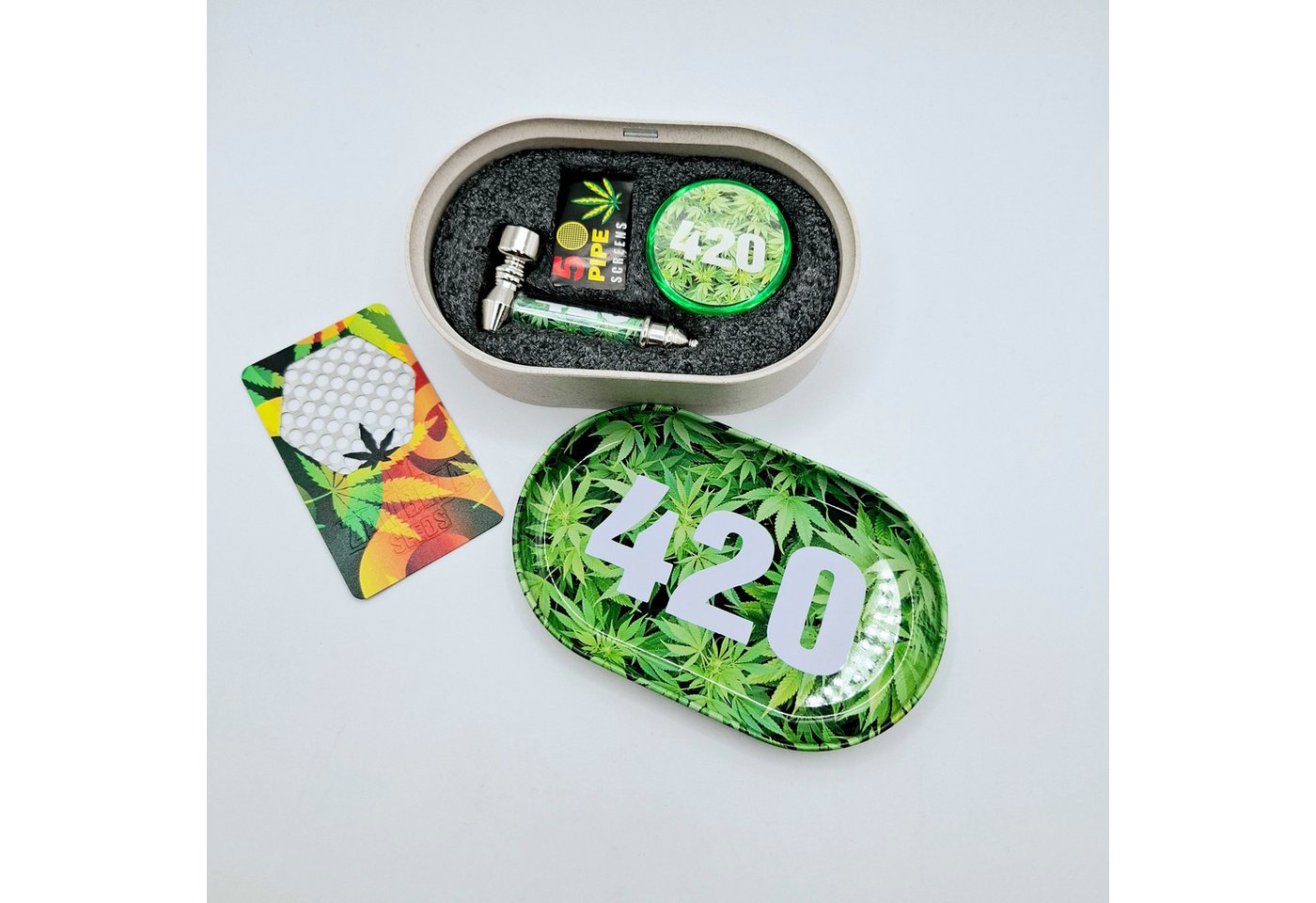 meytrade Grinder Set 420 Hanf mit Box + Tray + Metallpfeife 7cm + Siebe + Reibekarte, 420 Hanf grün