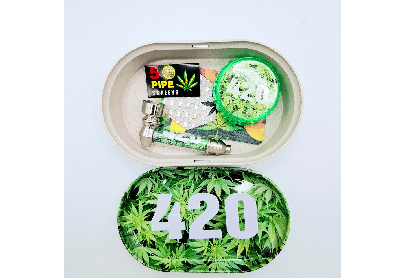 meytrade Grinder Set 420 Hanf mit Box + Tray + Metallpfeife 7cm + Siebe + Reibekarte, 420 Hanf grün Bild 3