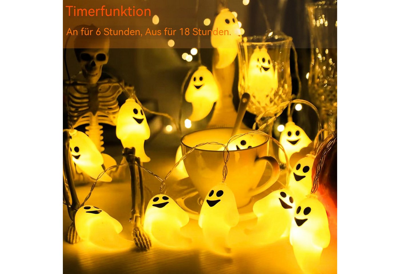 nsihing LED-Lichterkette Halloween Lichterkette, 3m 20 LED Gespenst Lichterkette mit Timer, Lichterketten für Erntedankfest, Halloween Deko
