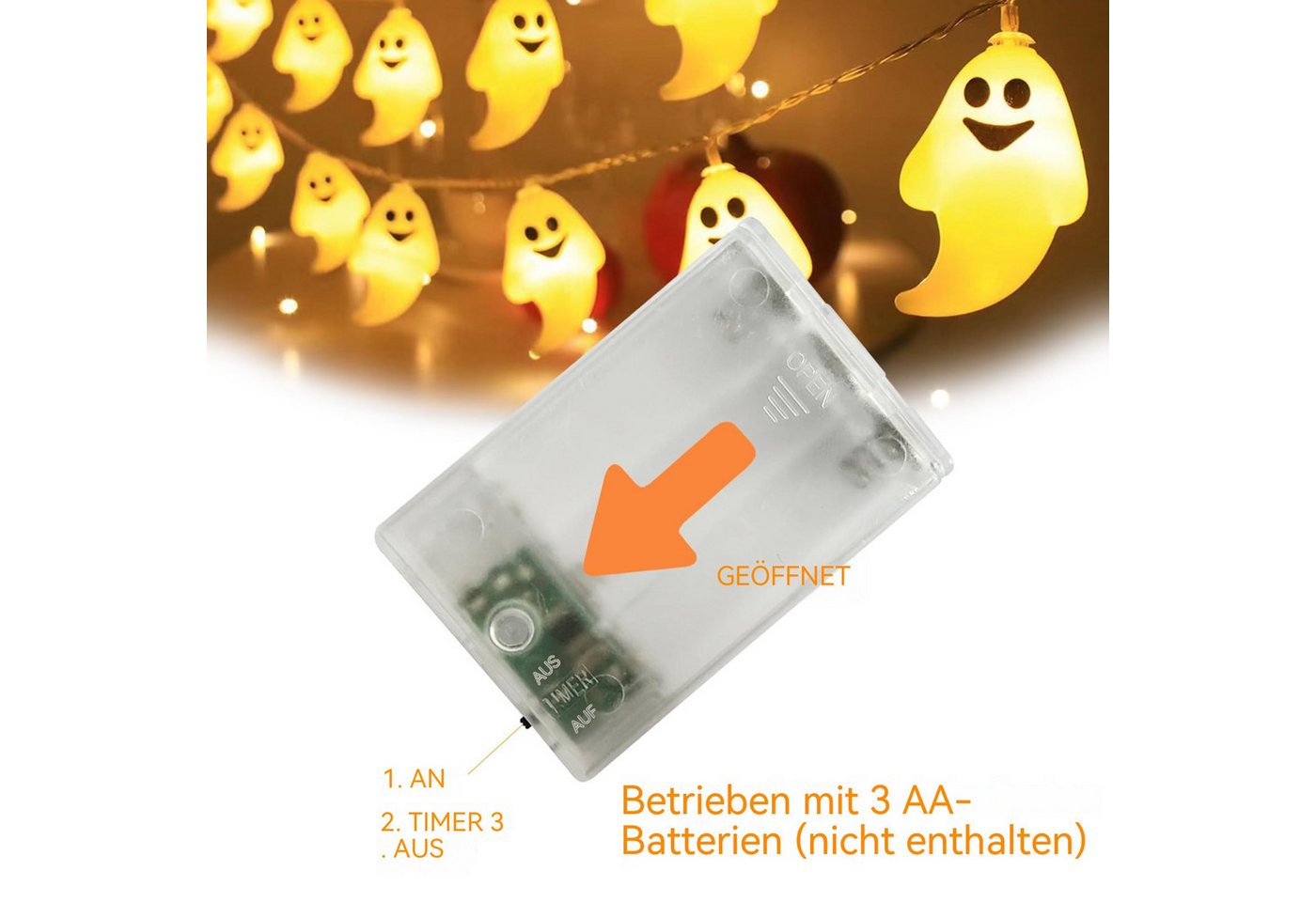 nsihing LED-Lichterkette Halloween Lichterkette, 3m 20 LED Gespenst Lichterkette mit Timer, Lichterketten für Erntedankfest, Halloween Deko Bild 4