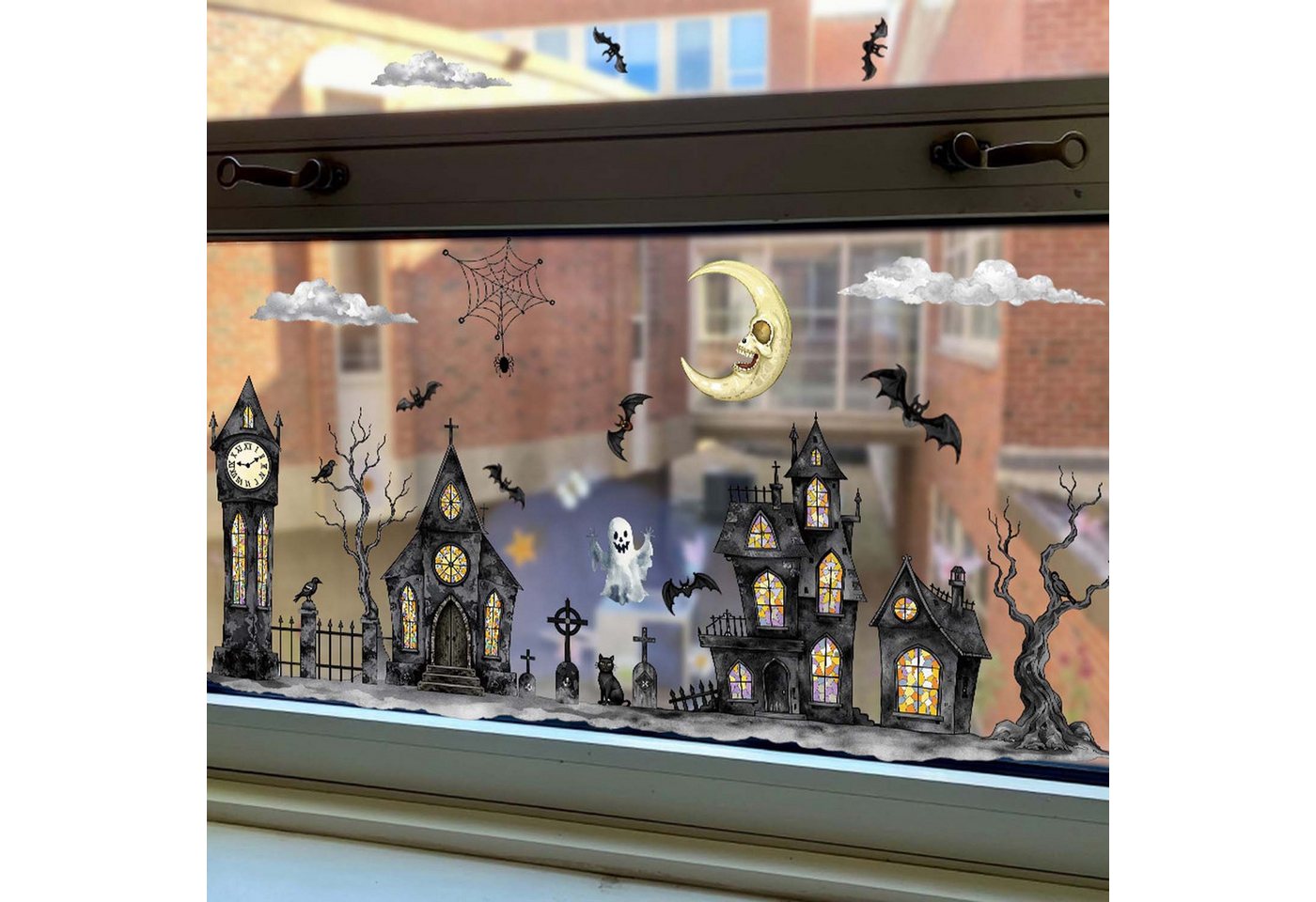Sorvyzxn Fensterbild 2 Stück Halloween Town mit Geisterhäusern & Geistermond Muster