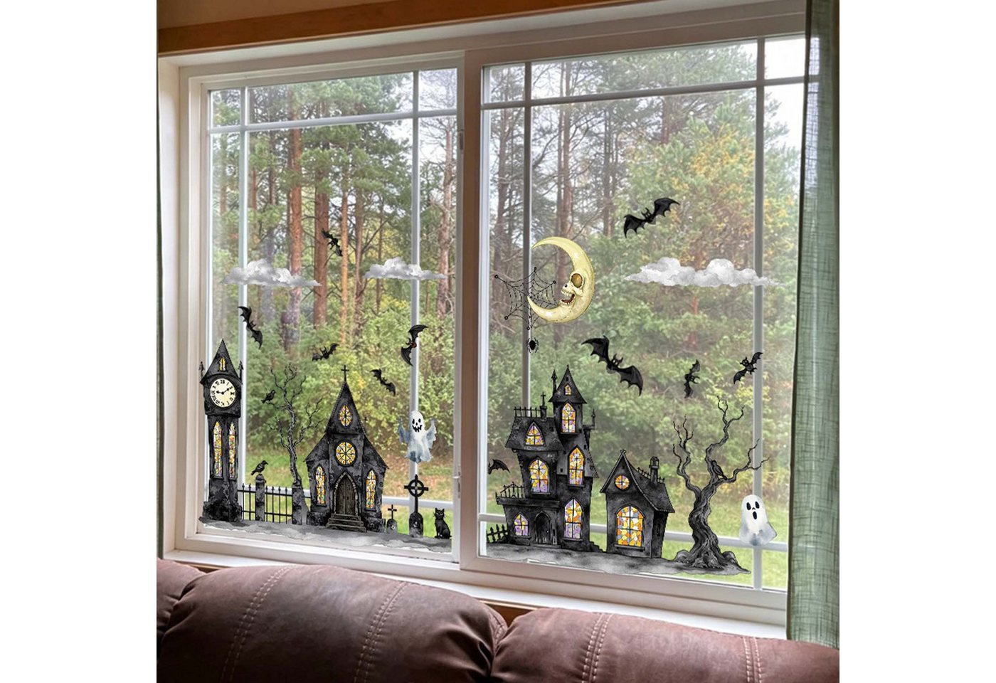 Sorvyzxn Fensterbild 2 Stück Halloween Town mit Geisterhäusern & Geistermond Muster Bild 2