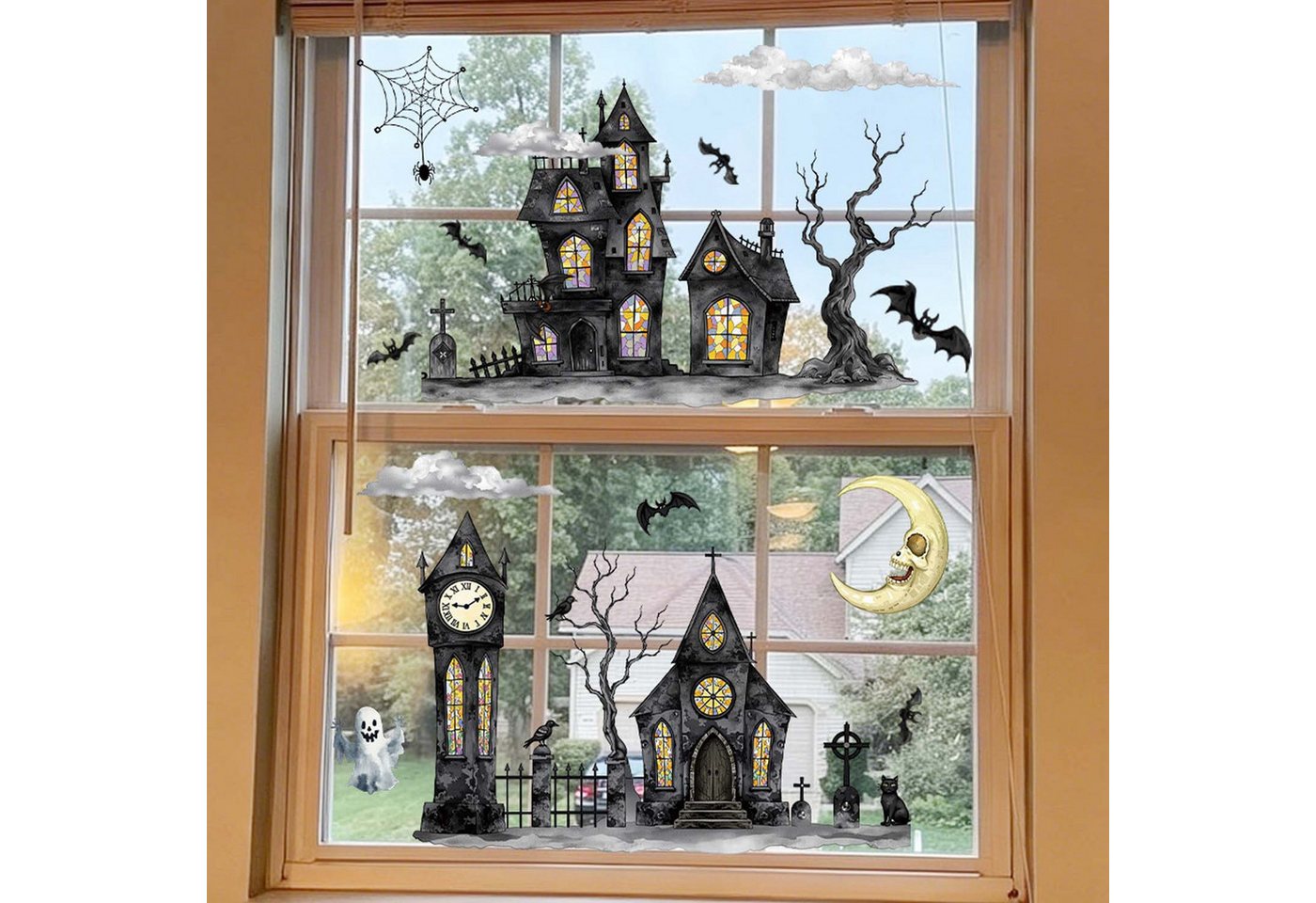 Sorvyzxn Fensterbild 2 Stück Halloween Town mit Geisterhäusern & Geistermond Muster Bild 3